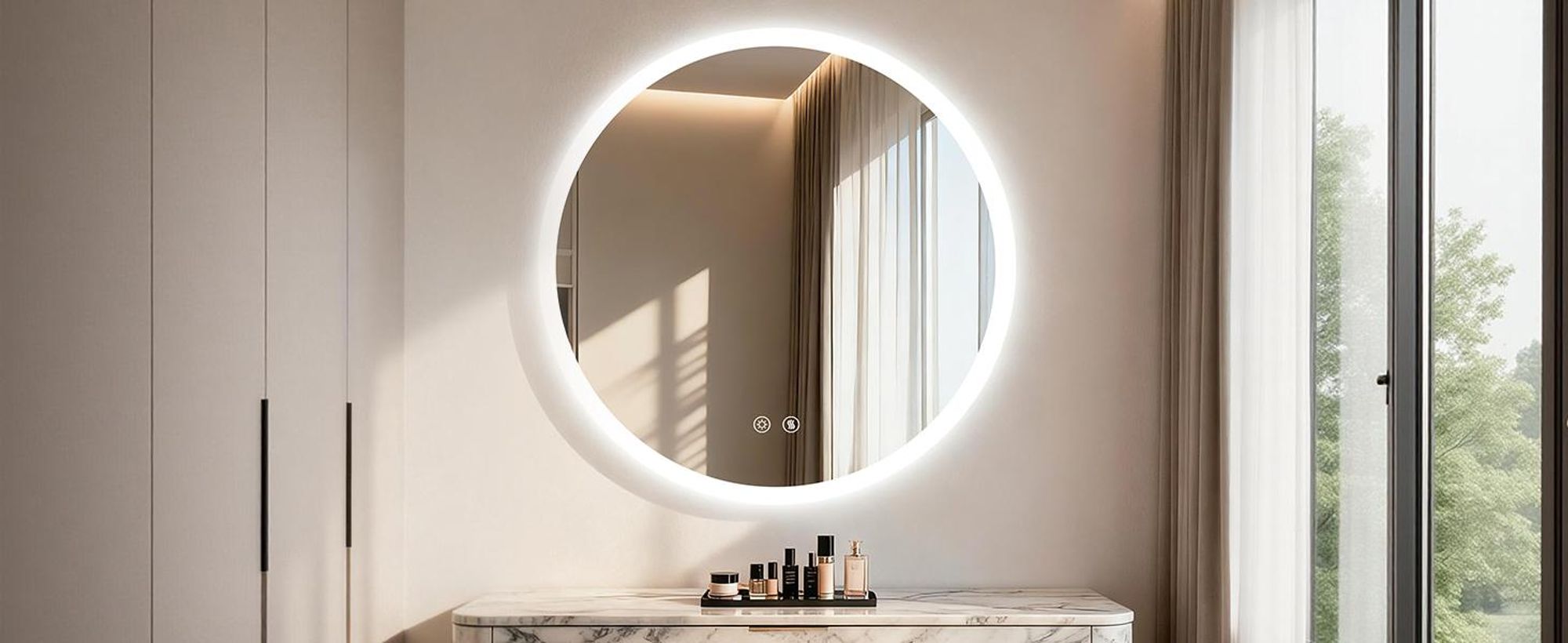 WISFOR LED Badspiegel 80 cm rund, Badezimmerspiegel mit Beleuchtung, Wandspiegel mit Speicherfunktion, Beschlagfrei, IP66, 3 Lichtfarben