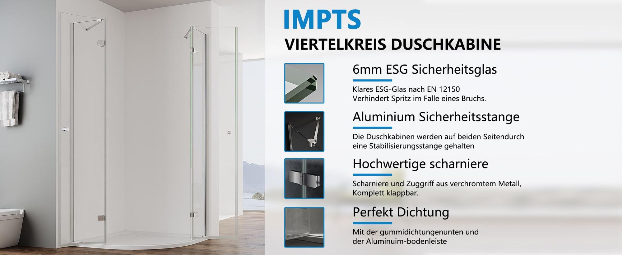 IMPTS Duschkabine 80x80cm Viertelkreis Duschabtrennung Runddusche Duschtür Scharniertür aus 6mm ESG Glas,Höhe 185cm Radius 55cm, Mit Duschwanne