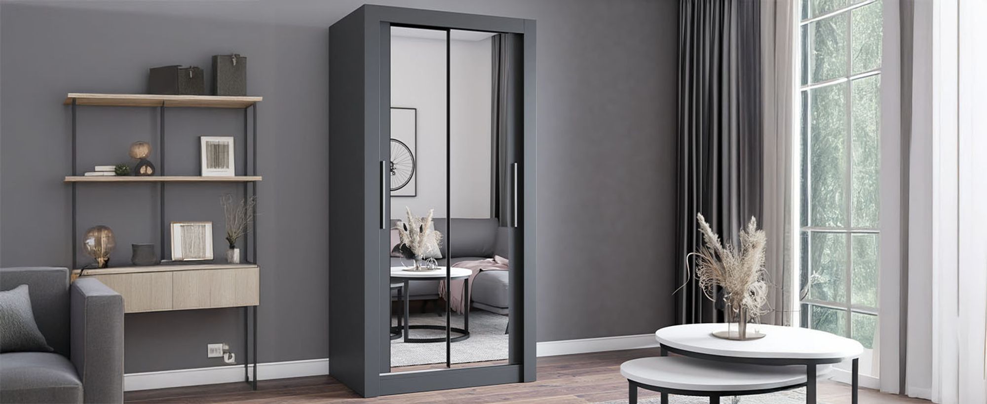 Kleiderschrank Schwebetürenschrank Schrank 100cm Grau/Grau mit zwei Spiegeln MILAN