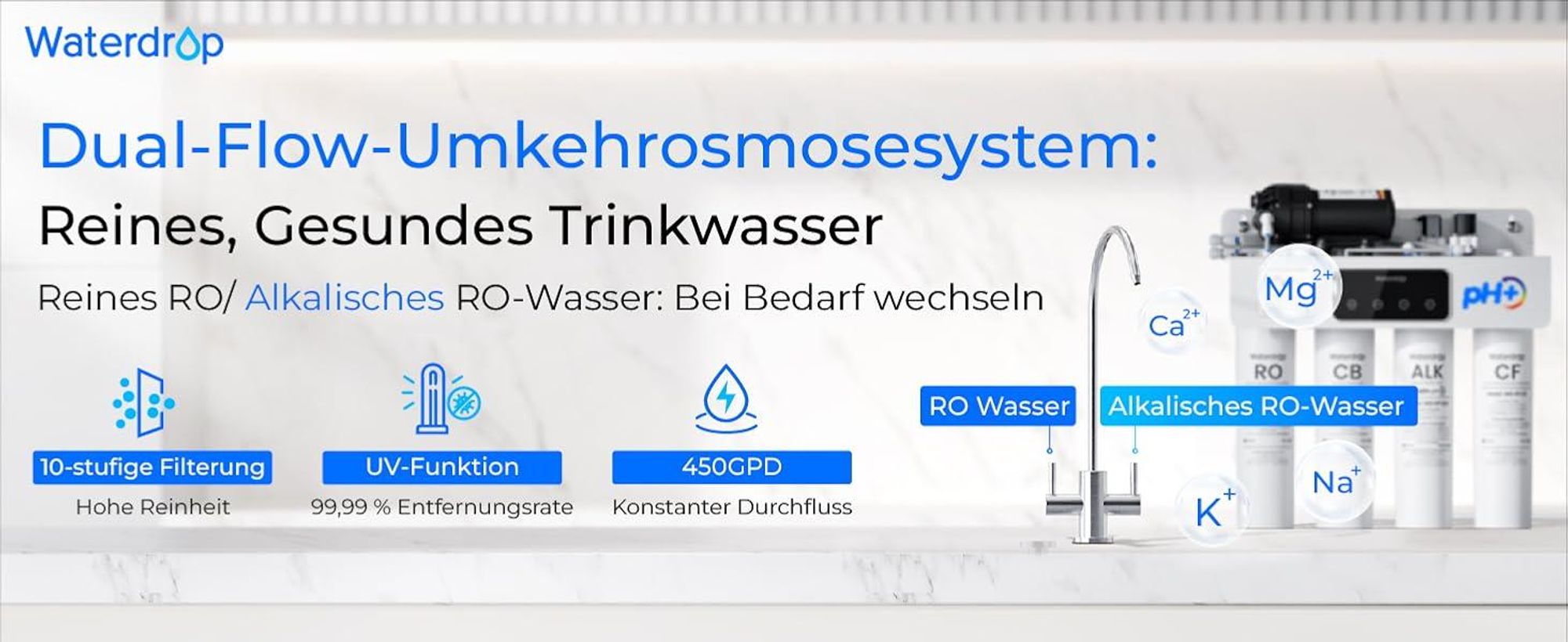 Waterdrop T4-A Alkalischer Umkehrosmoseanlage, NSF/ANSI 372 , 10-stufige Filtration, 450GPD Tankloses RO-Wasserfiltersystem