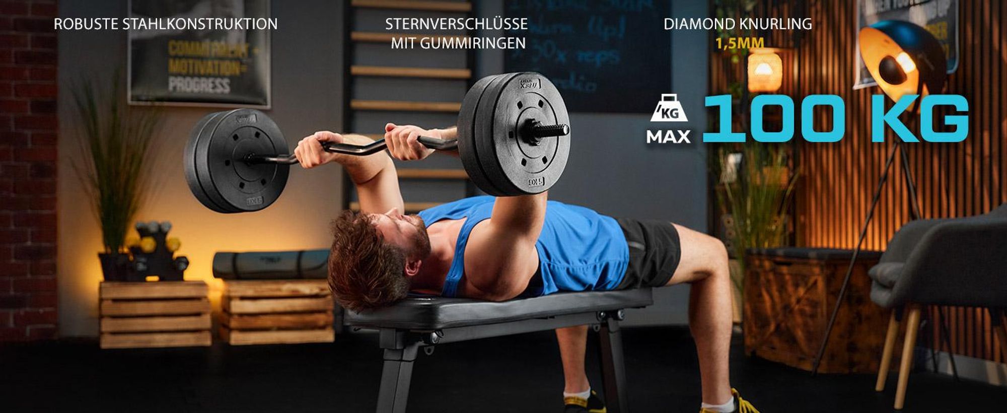 TREX SPORT Langhantelstange SZ Curlstange TX-120LCP | 120 cm Stahl Hantelstange für Krafttraining, 25 mm | Sternverschlüsse, bis 100 kg Belastbarkeit