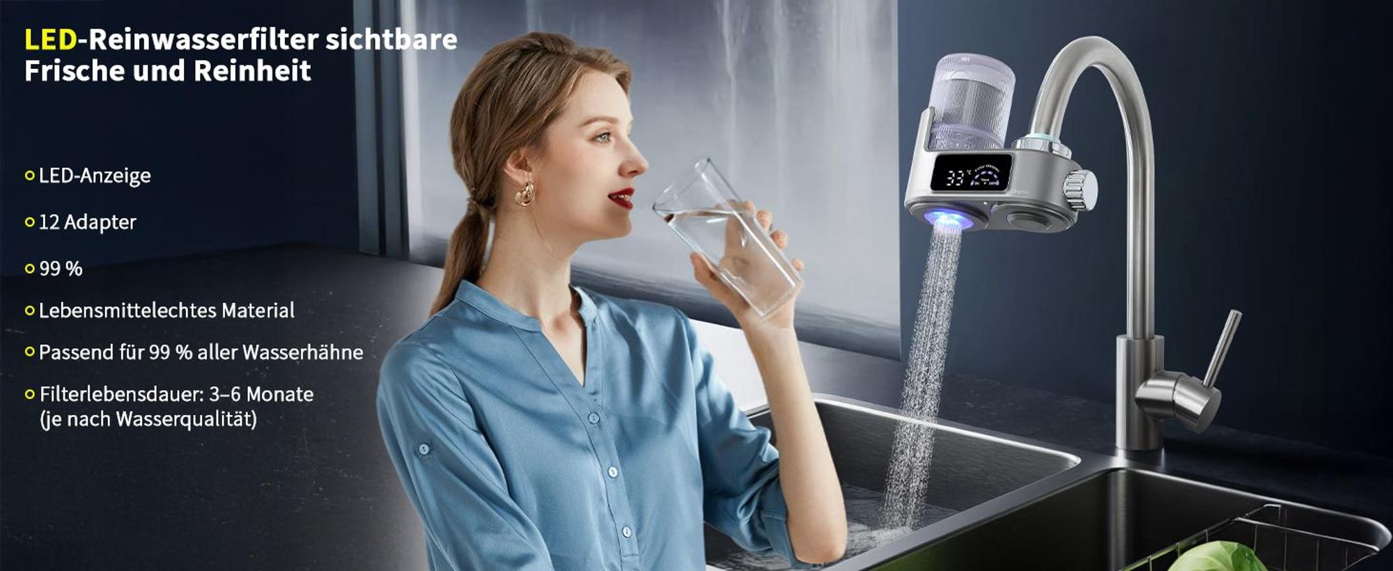 Homelody Wasserfilter für Wasserhahn mit Sterilisation, Wasserfilter für Zuhause Küche, entfernt Chlor, Schwermetalle,für Wasserhähne, Grau