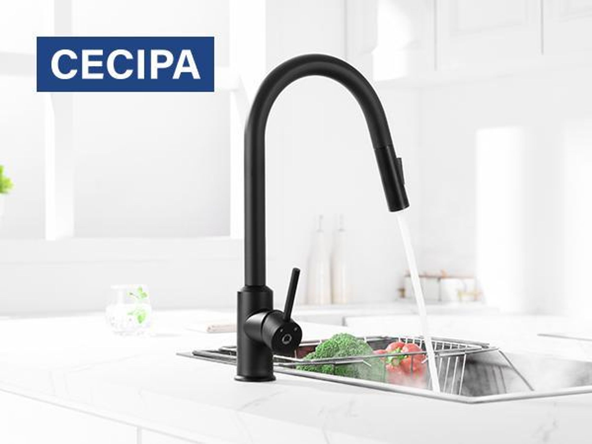 Küchenarmatur Niederdruck Ausziehbar, 2 Strahlarten Edelstahl Spültischarmatur, 360° Drehbar Wasserhahn Küche, Cecipa, Schwarz Küchenarmatur