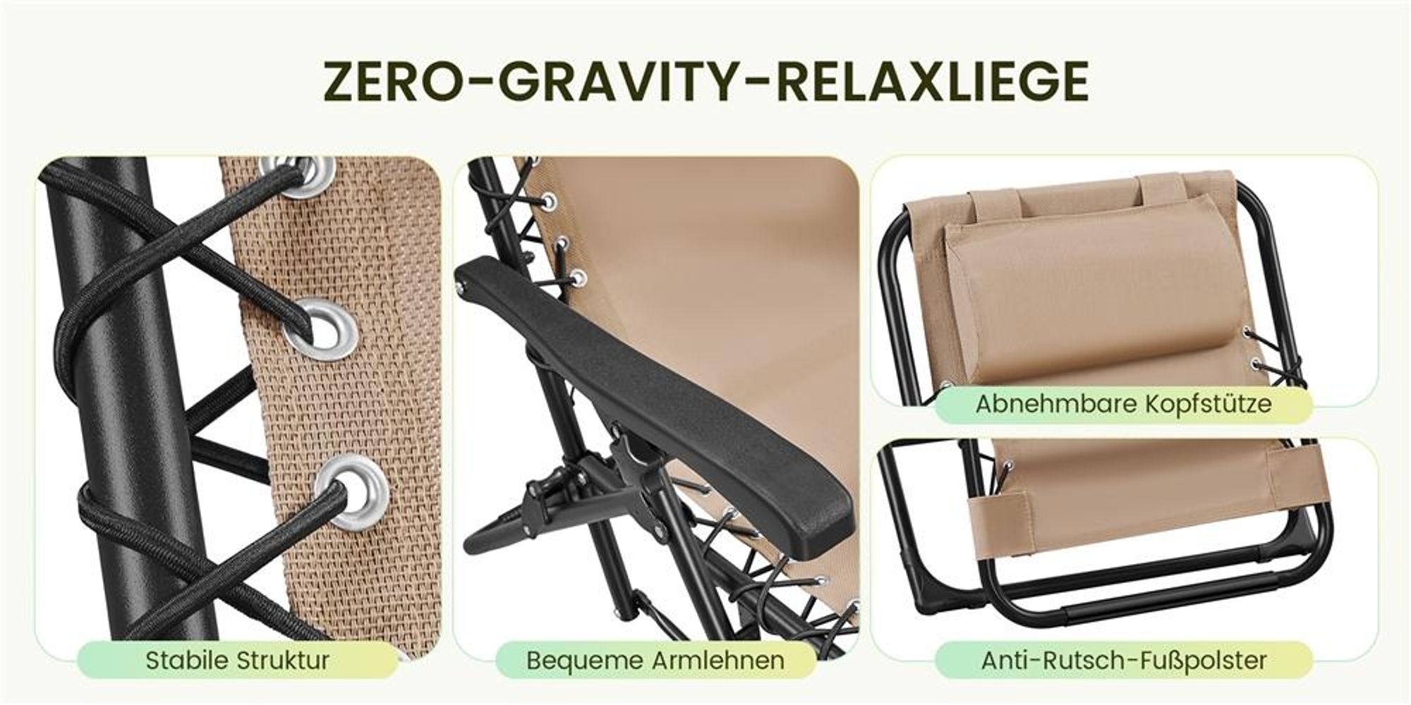 Yaheetech Klappbarer Liegestuhl mit Nackenkissen & Getränkehalter, Sonnenliege Gartenliege mit verstellbarer Rückenlehne, Beige