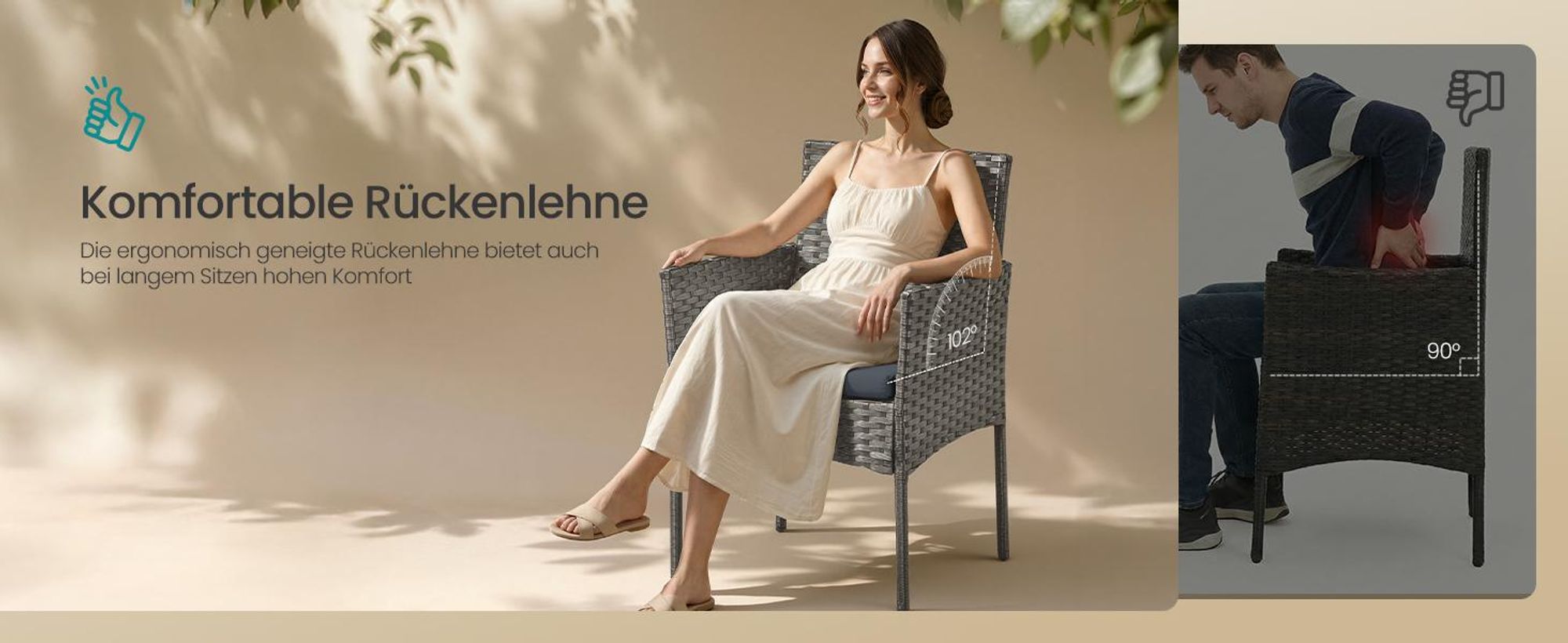 SONGMICS Balkonmöbel-Set, Polyrattan Lounge-Möbel, 4-teilig, Outdoor Sitzgruppe mit Tisch und Bank, für Garten, grau