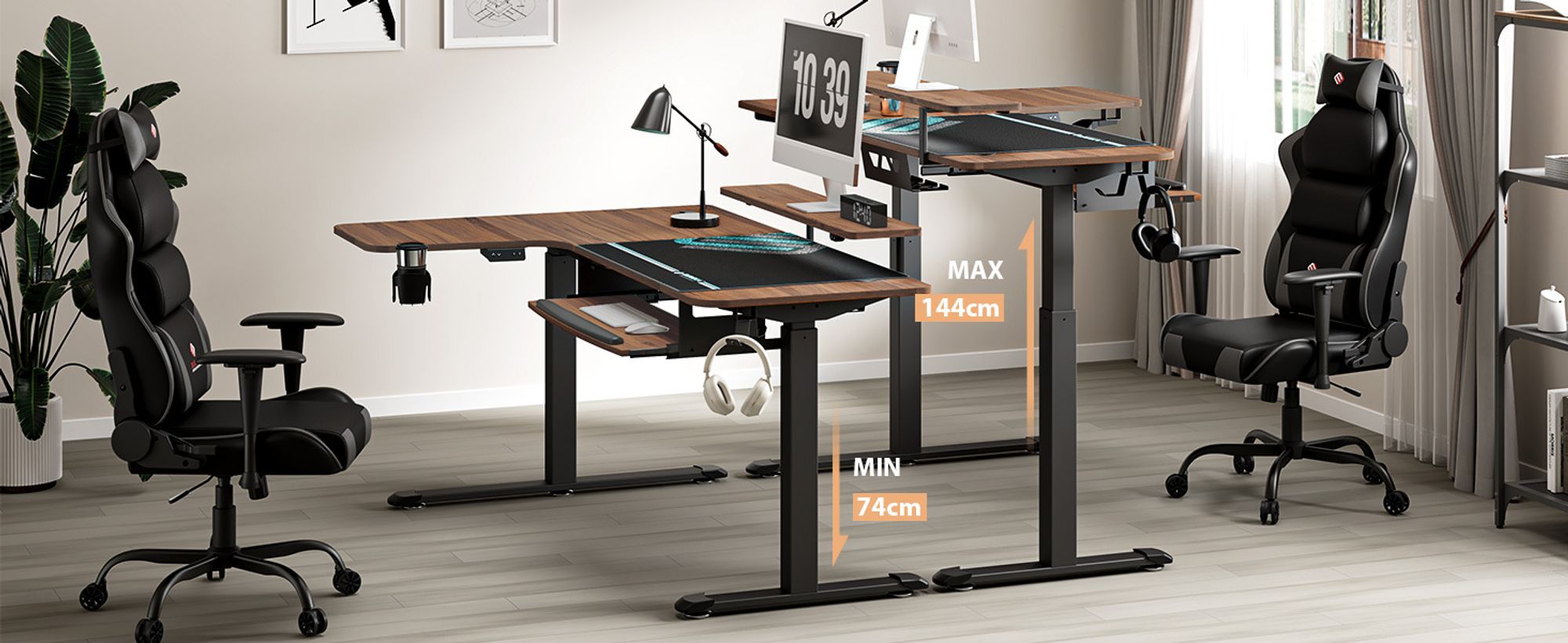 EUREKA ERGONOMIC Höhenverstellbarer Computertisch Elektrisch Schreibtisch 155x110cm Gaming Tisch mit Tastaturablage und Monitorständer