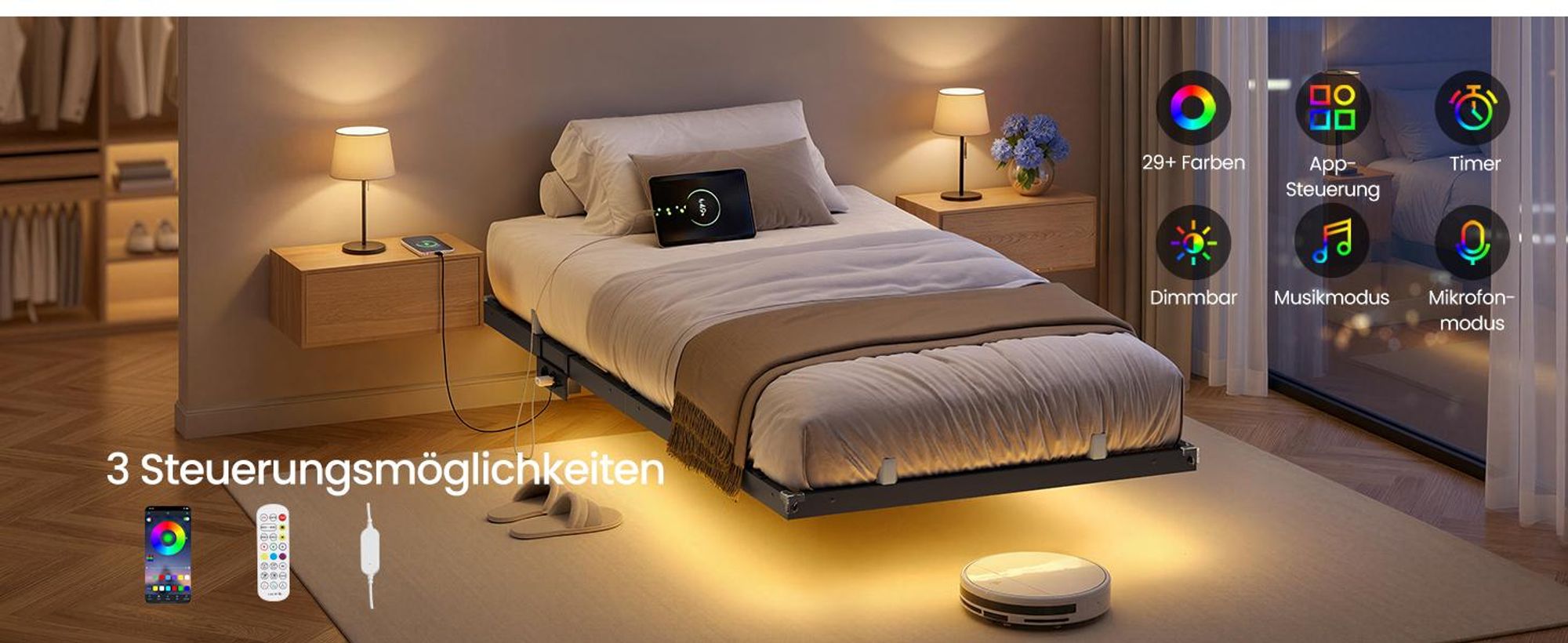 VASAGLE Bettgestell 90 x 200 cm mit LED-Beleuchtung, USB-C-Anschluss, Steckdosenleiste, Schlafzimmer, trägt bis 250 kg, schwarz