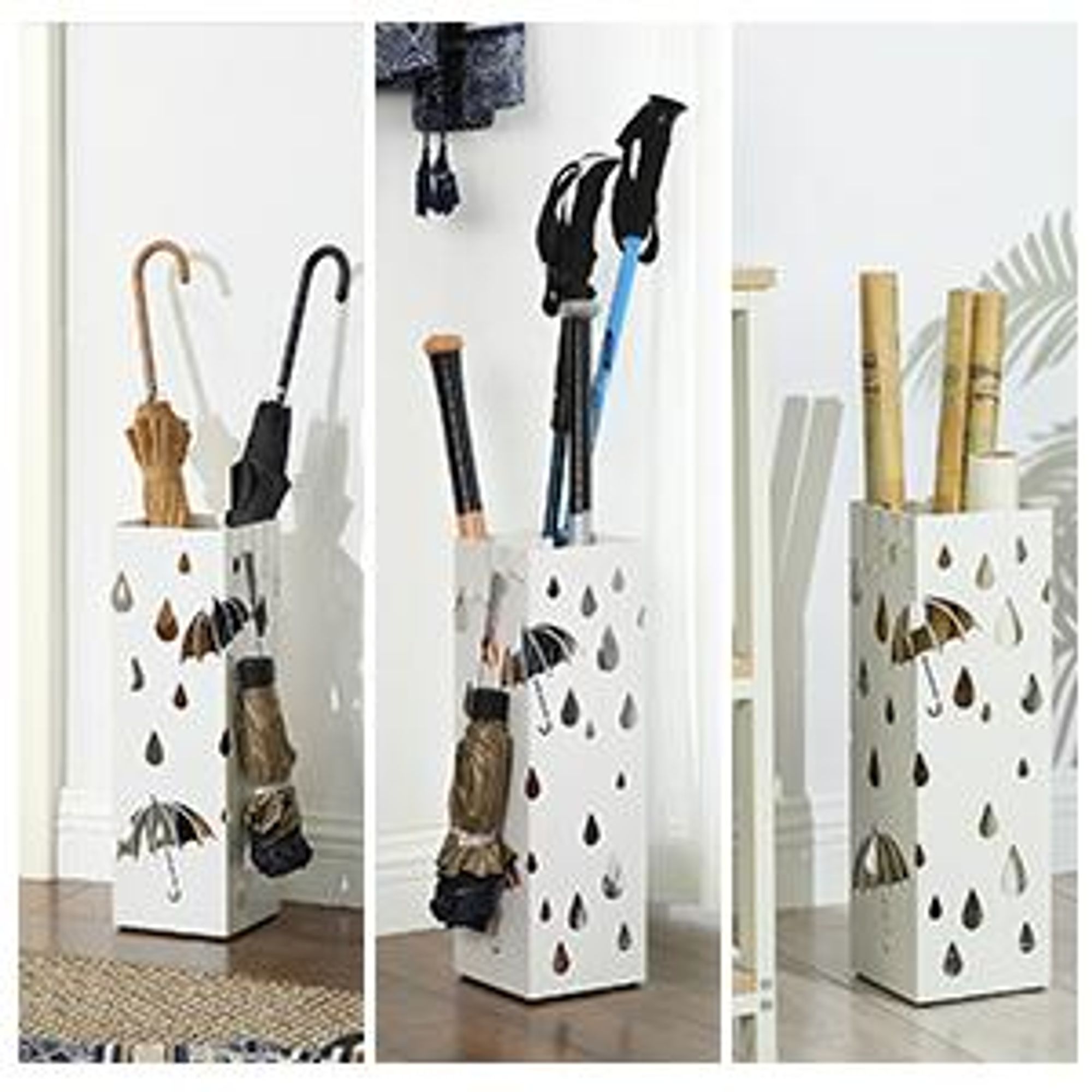 Regenschirmständer mit 2 Haken weiß Metall rechteckig Ø15,5 × 49 cm Regenschirm werden verschenkt Wasserauffangschale SONGMICS LUC49W