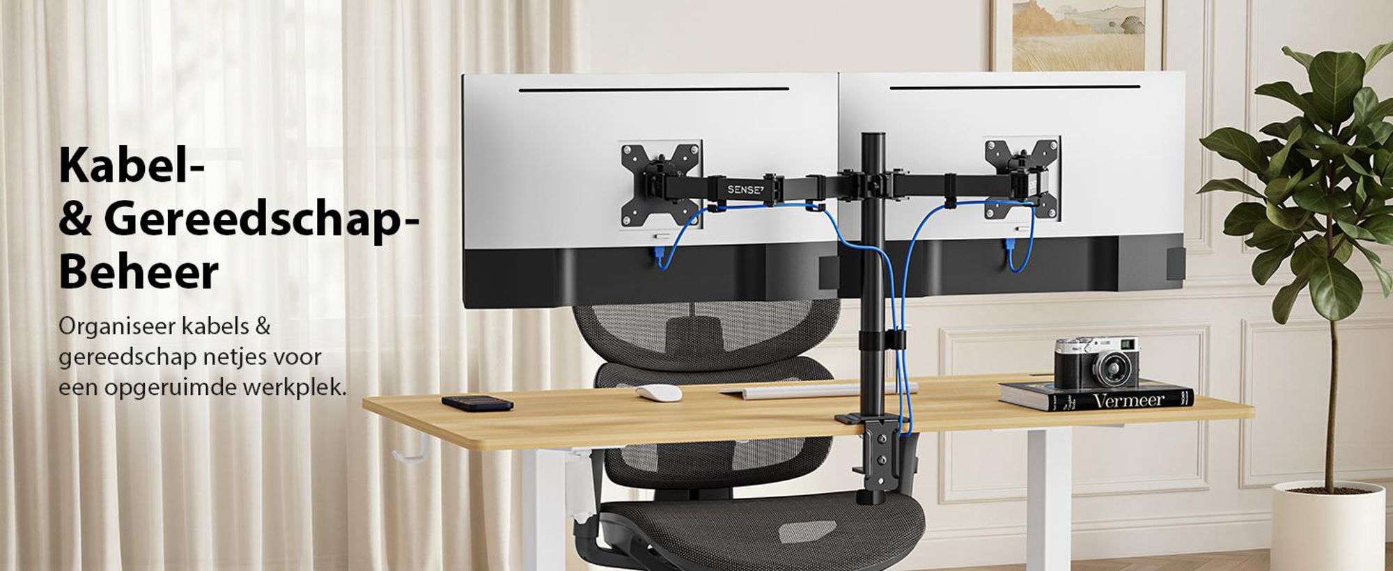 SENSE7 Hanglamp, dubbele monitorhouder, geschikt voor schermen van 17-32 inch, VESA-compatibel, 2x9kg draagvermogen, pivotfunctie, gasveer, bureau, 2 schermen, zwart, ergonomisch