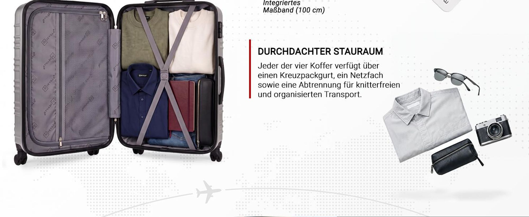 Devillo® Kofferset 4tlg. S-M-L-XL, Silber - Trolley Koffer Reisekoffer Reisekofferset Gepäck Rollkoffer TSA 4 Rollen ABS-Hartschale Teleskopgriff