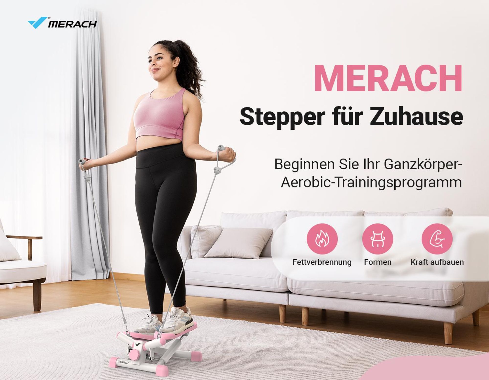 Mini Stepper 2-in-1 mit LCD-Display & Widerstandsseilen – Dreh- & Seitenschritttrainer bis 150 kg, Hometrainer für Beine, Po & Arme, Anfänger, rosa