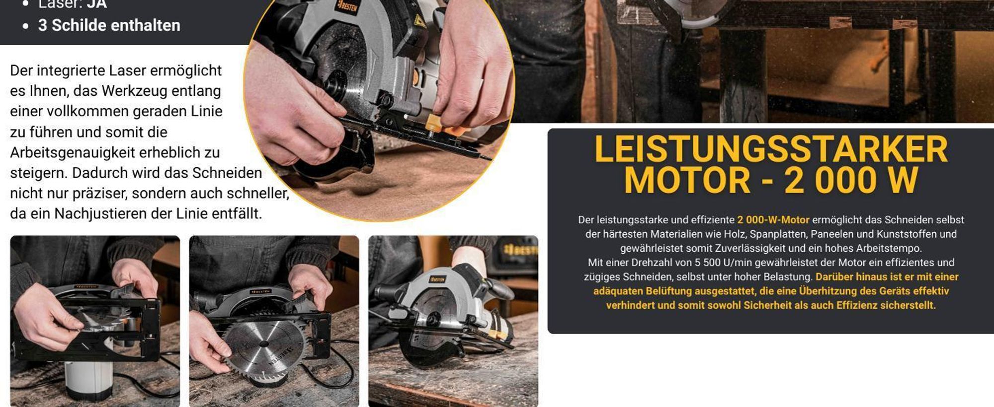 Handkreissäge 2000W für Holz, Laserführung, 3× Sägeblatt, elektrische Kreissäge