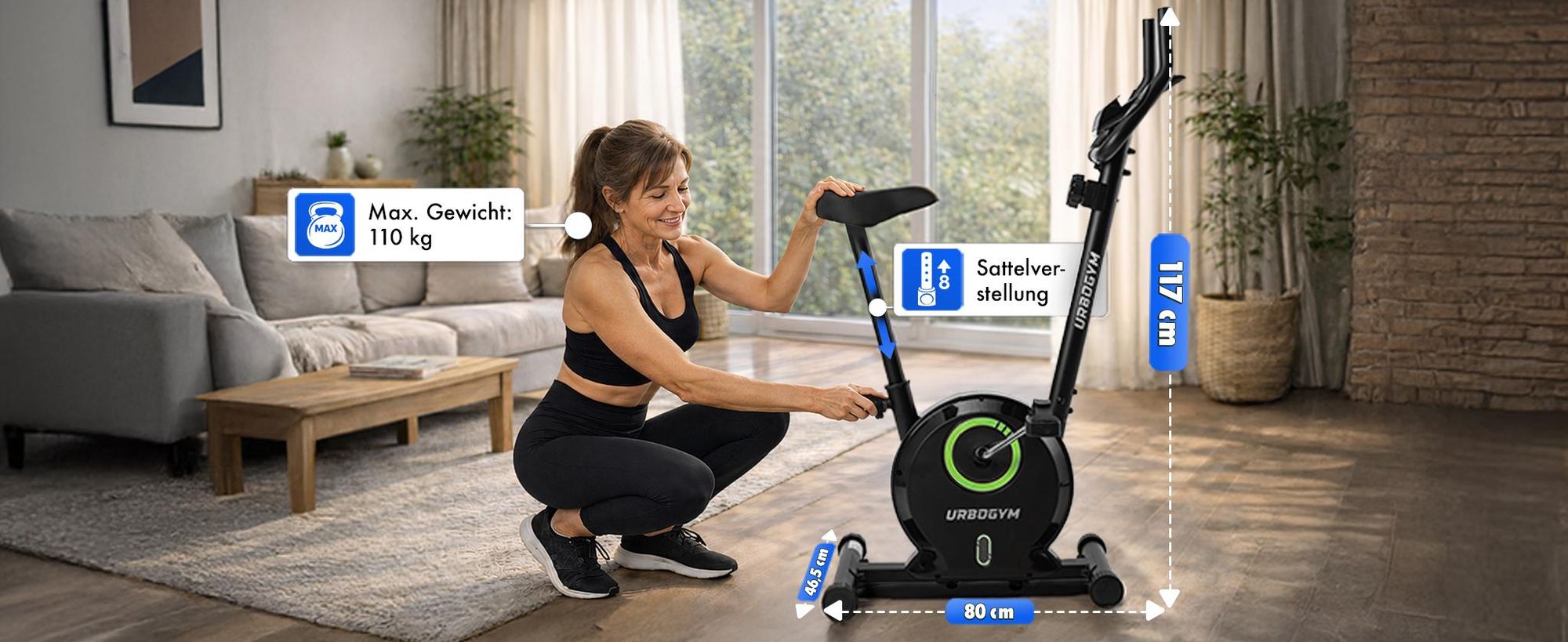 URBOGYM BAY GREEN Heimtrainer – Magnetisches Fitnessbike mit 3-kg-Schwungrad, 8 Widerstandsstufen, bis 110 kg