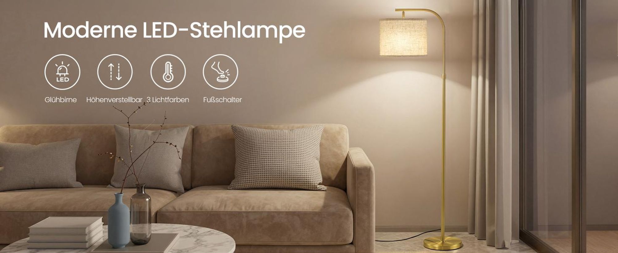 VASAGLE Stehlampe modern mit höhenverstellbarem Bogen, Leselampe mit Fußschalter, für Wohnzimmer, Stoffschirm, E27, gold