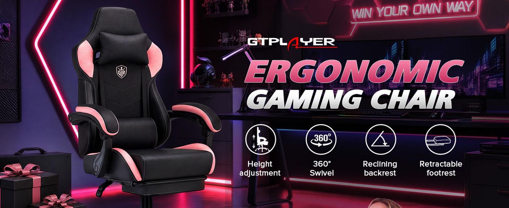 Sedia da gaming GTPLAYER, sedia da ufficio, poltrona da gaming con poggiapiedi, sedia da gaming ergonomica con braccioli regolabili, sedia da scrivania regolabile in altezza