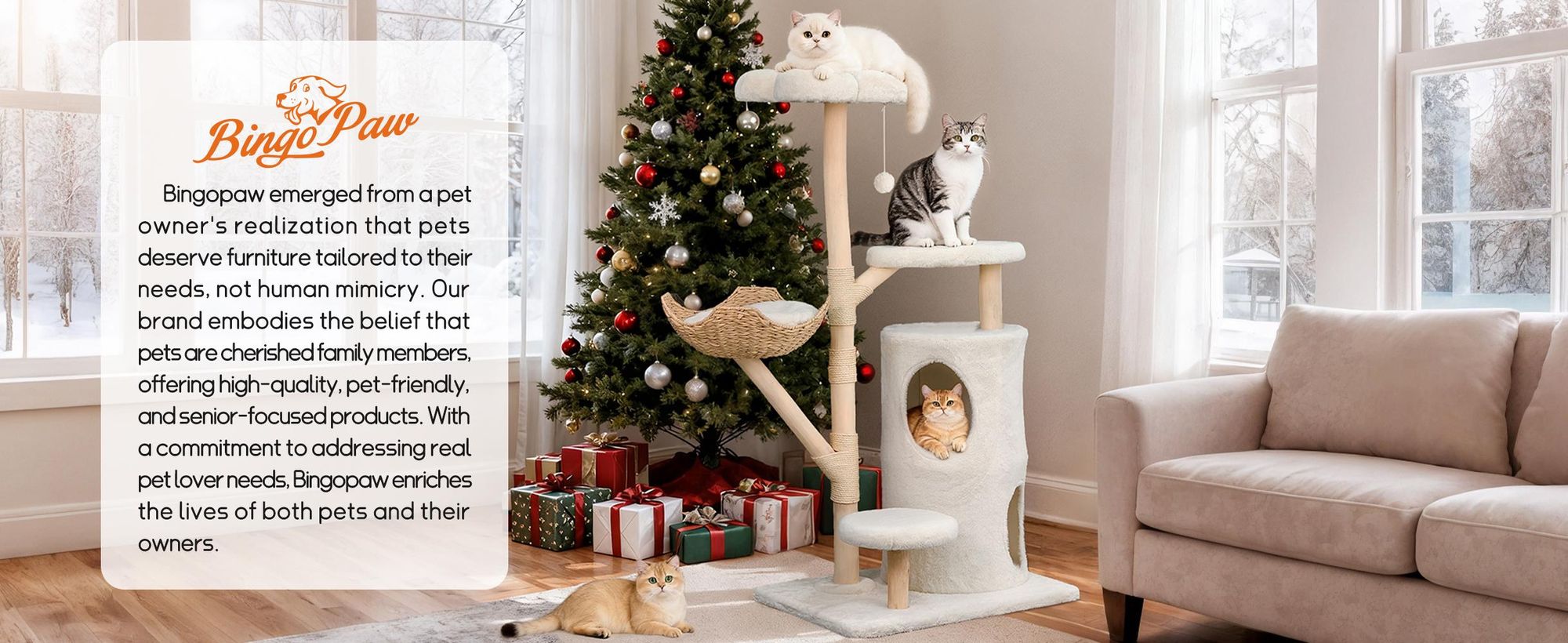 WISFOR Katzenkratzbaum 136cm hoch, mehrstufig Katzenbaum mit Korb Spielball beige
