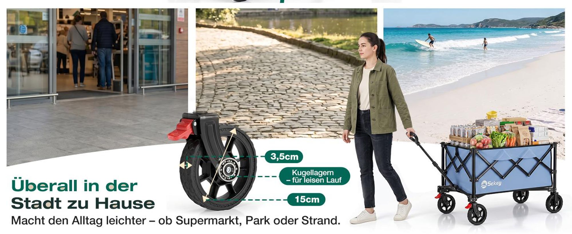 Sekey Bollerwagen faltbar 150 kg mit Bremsen, klappbarer Handwagen für Garten und Ausflug, Blau