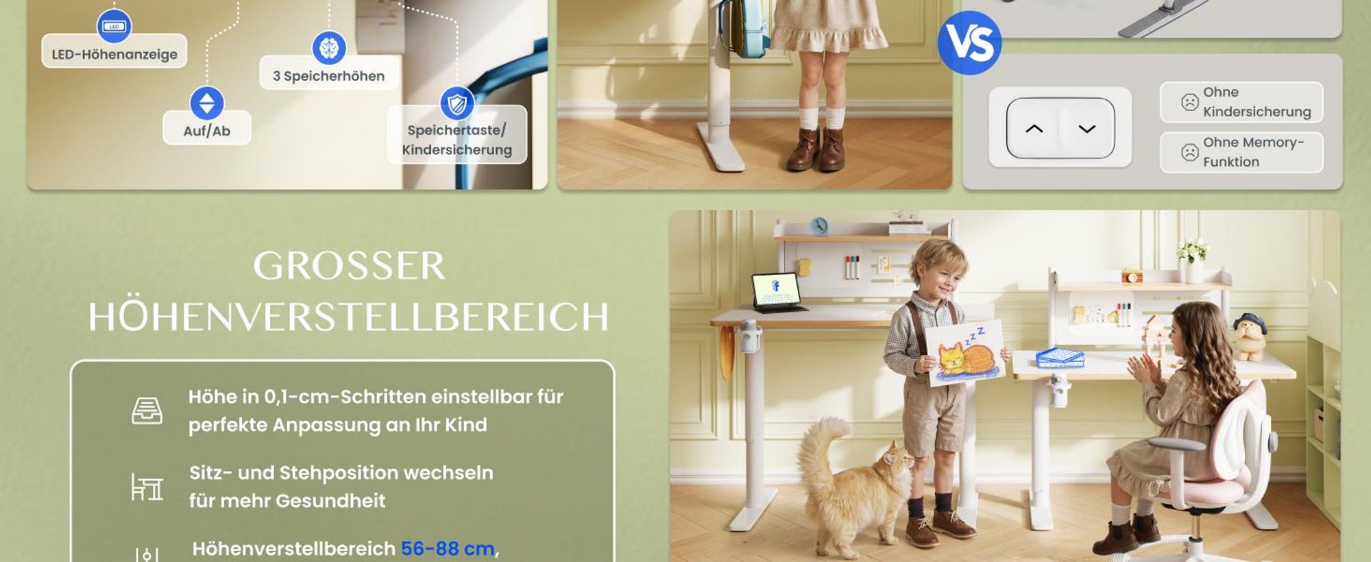 FLEXISPOT Kinderschreibtisch mit Kinderstuhl, elektrisch höhenverstellbar, mit LED-Anzeige, 3 Speicherhöhen, magnetischem Whiteboard, 110×52 cm