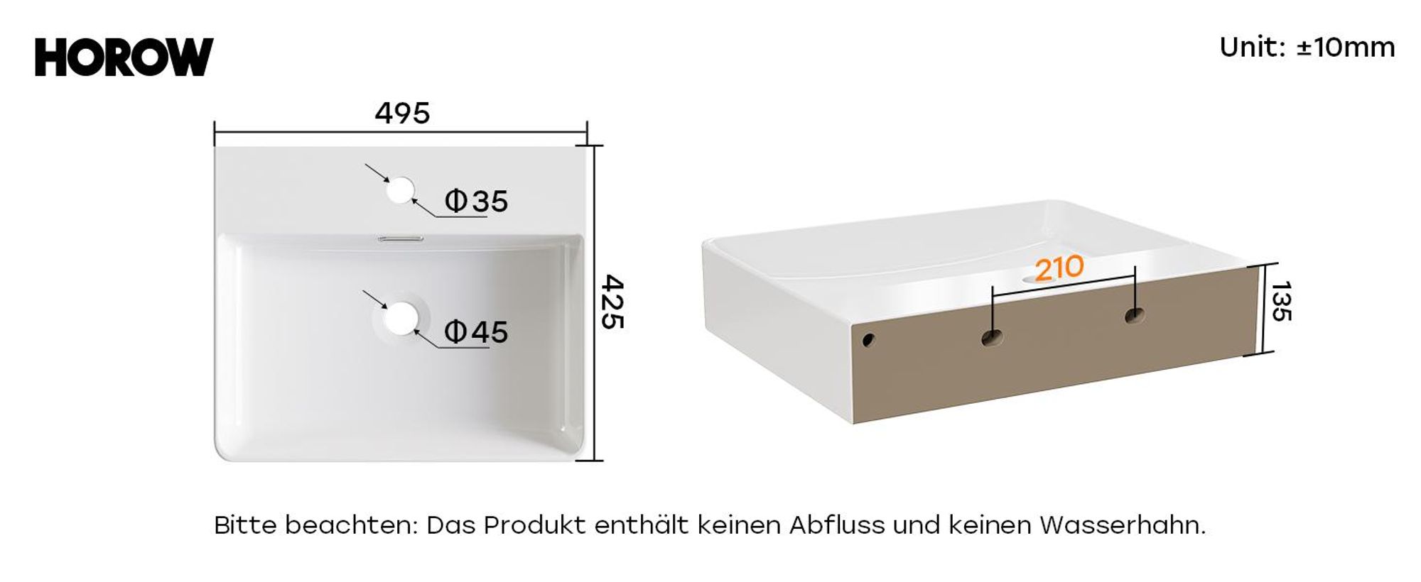 HOROW 50cm Waschbecken Wandmontage Waschtisch Keramik Hängewaschbecken Rechteckig Aufsatzwaschbecken mit Hahnloch und Überlauf für Klein Gäste WC