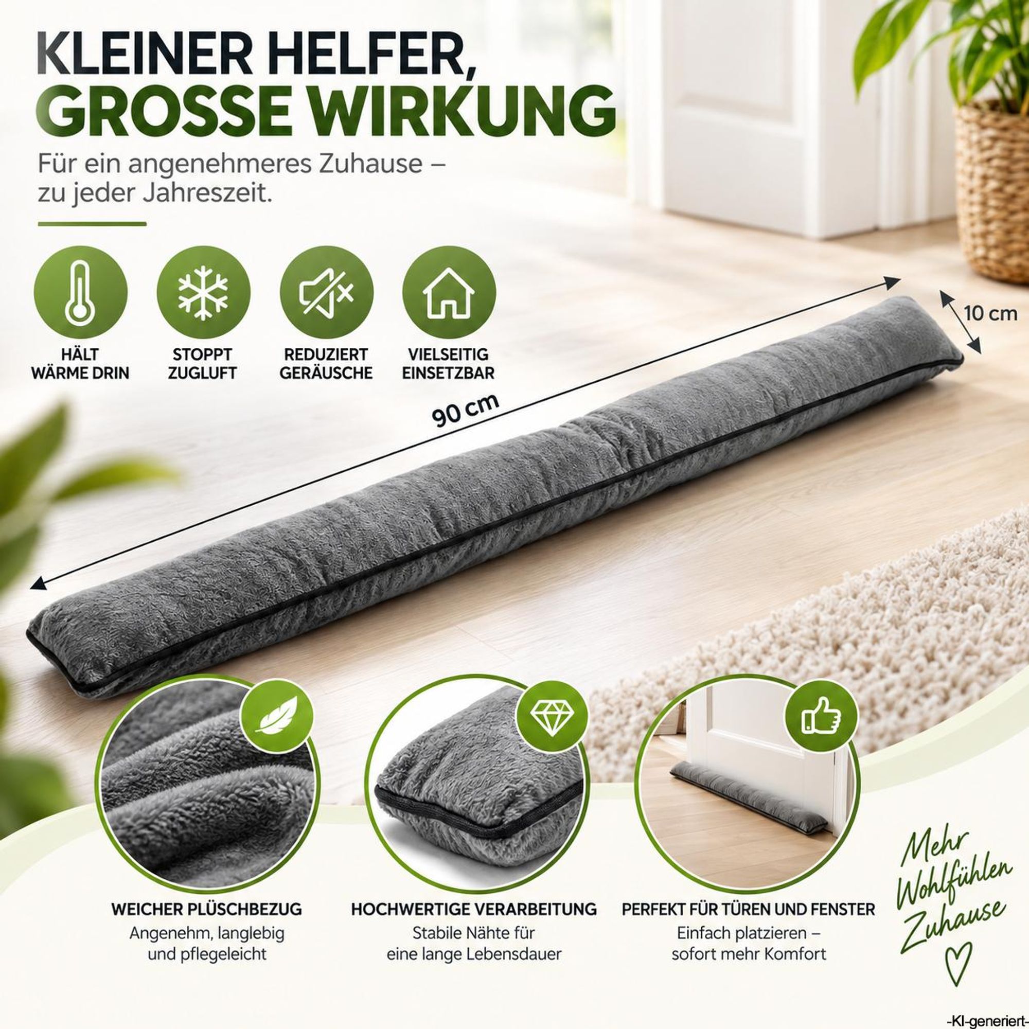 2x Zugluftstopper Tür 90 cm Grau – Weicher Plüsch Windstopper, Türbodendichtung gegen Zugluft, wärmeisolierend, geräuschreduzierend & energiesparend
