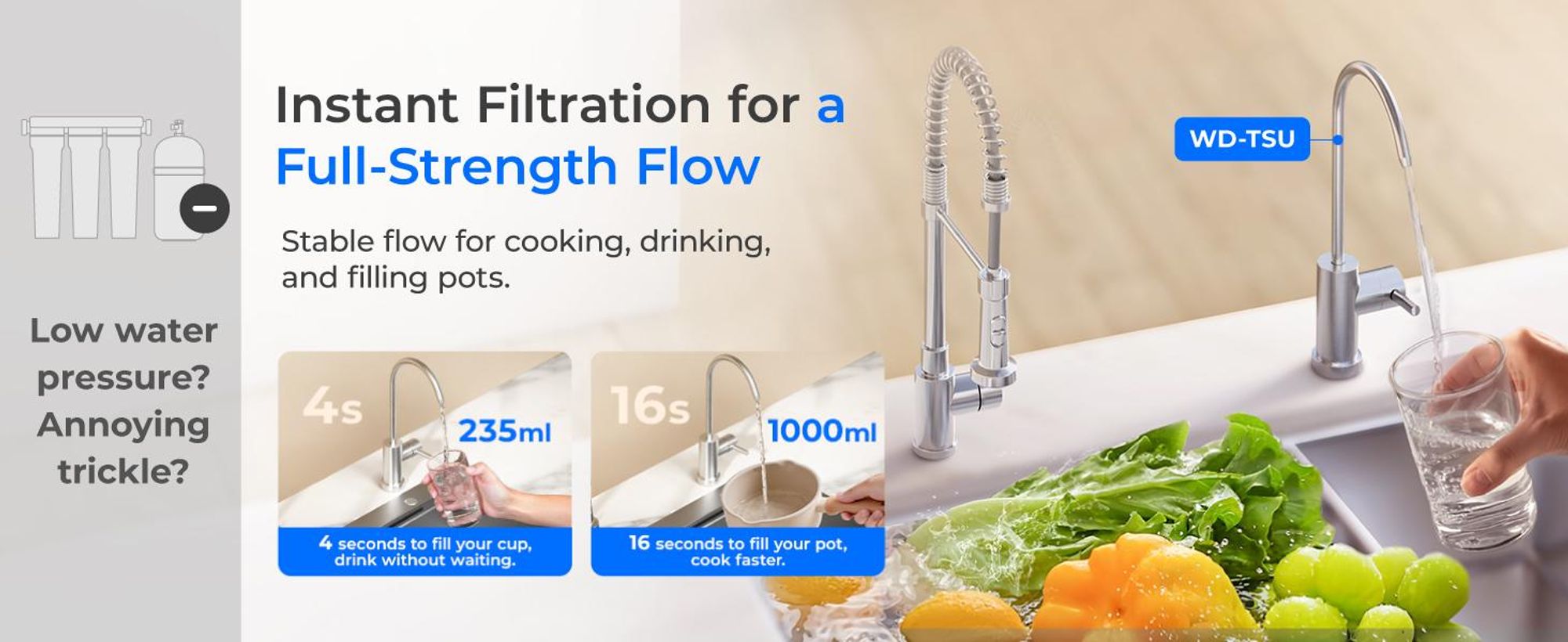 Waterdrop TSU 0,01 μm Ultra Filtrations Untertisch-Wasserfiltersystem, 3-stufige Untertisch-Wasserfiltration mit hoher Kapazität und Wasserhahn