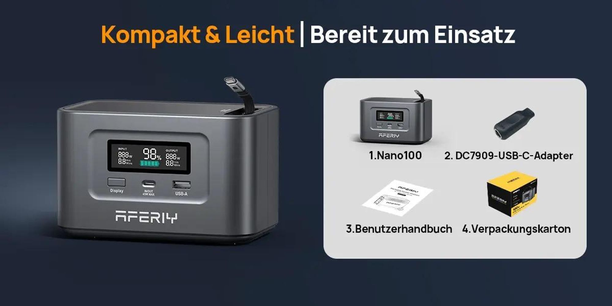 AFERIY Nano100 Powerstation 99Wh mit LiFePO4 & integriertem 100W USB-C Kabel