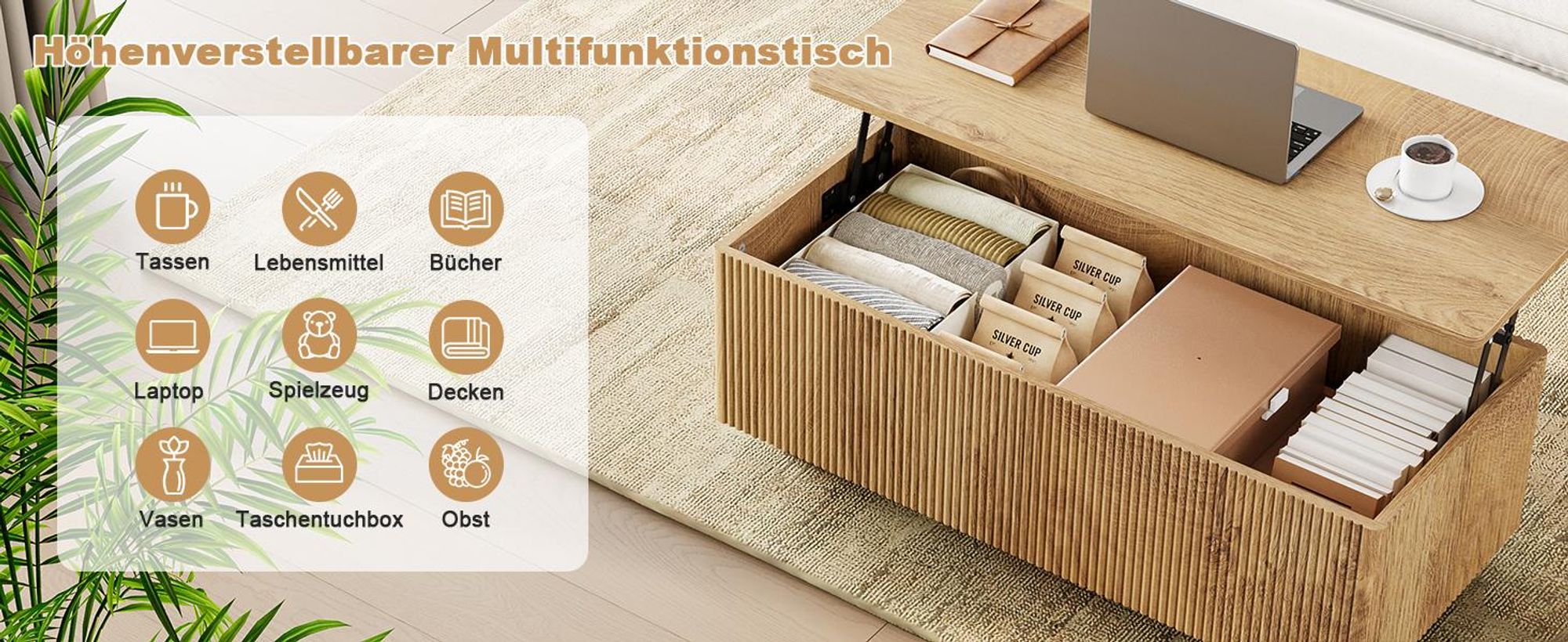 FABATO Lift-Couchtisch 106 cm mit großem verstecktem Stauraum, rechteckiges Fluted-Design mit abgerundeten Ecken, aufklappbar, Holz-Optik