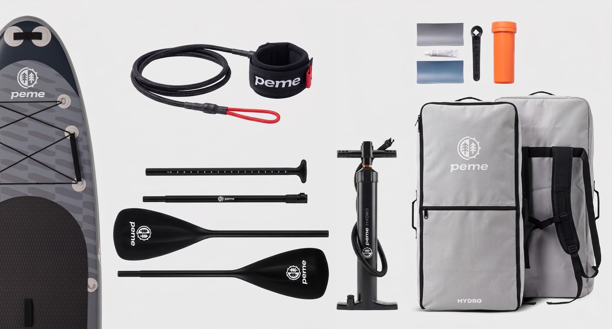 PEME Stand Up Paddle Board – Dark Sky – 350 cm – dvojité pádlo a kompletné príslušenstvo, SUP, nafukovacia surfová doska – sivá a čierna
