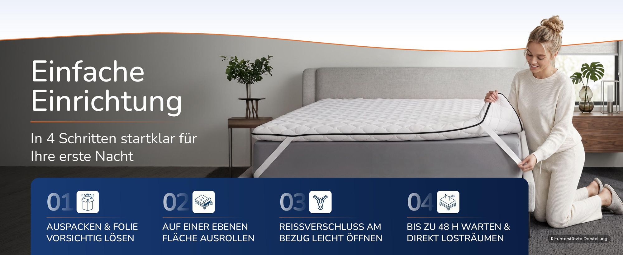 Vier Schritte zum Aufbau: auspacken, ausrollen, Reißverschluss öffnen, warten
