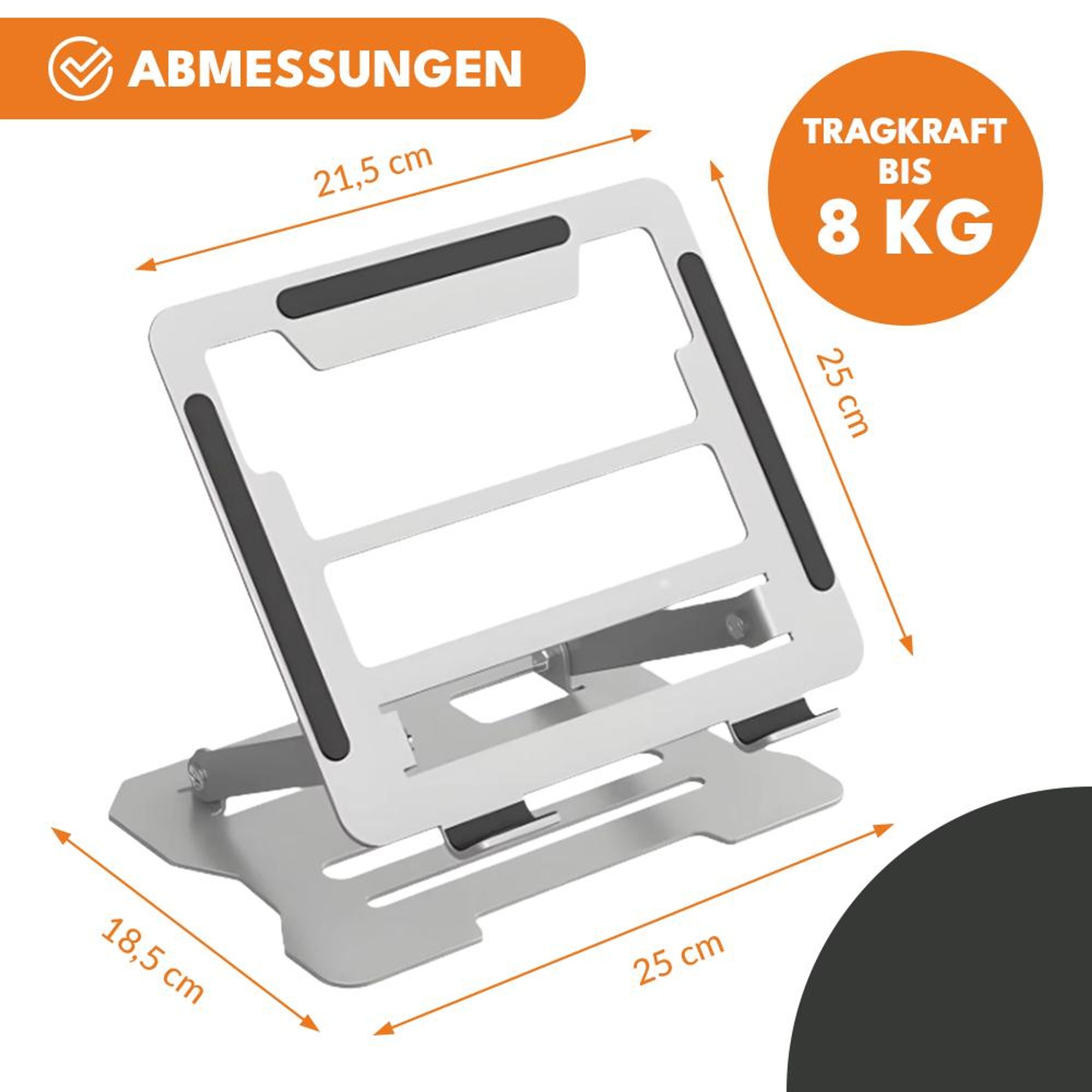 KRUMAD Laptop Ständer höhenverstellbar, klappbarer Notebook Ständer aus Metall, rutschfest & stabil, für Schreibtisch Sofa Bett, bis 8 kg