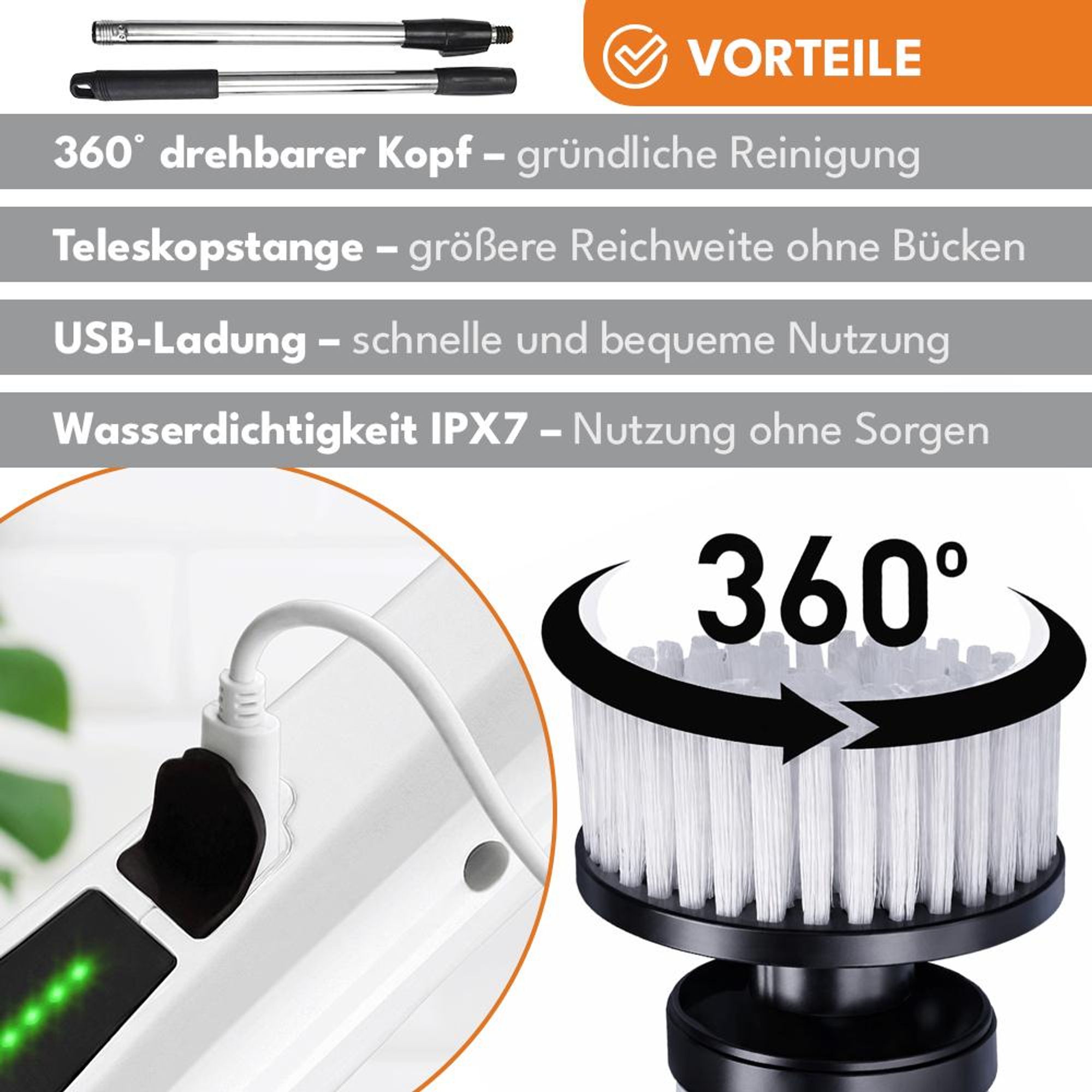 KRUMAD Kabellose Elektrische Reinigungsbürste 8in1, Akkubetrieben mit 3 Aufsätzen, LED-Display, USB-Ladung für Küche, Bad, und mehr