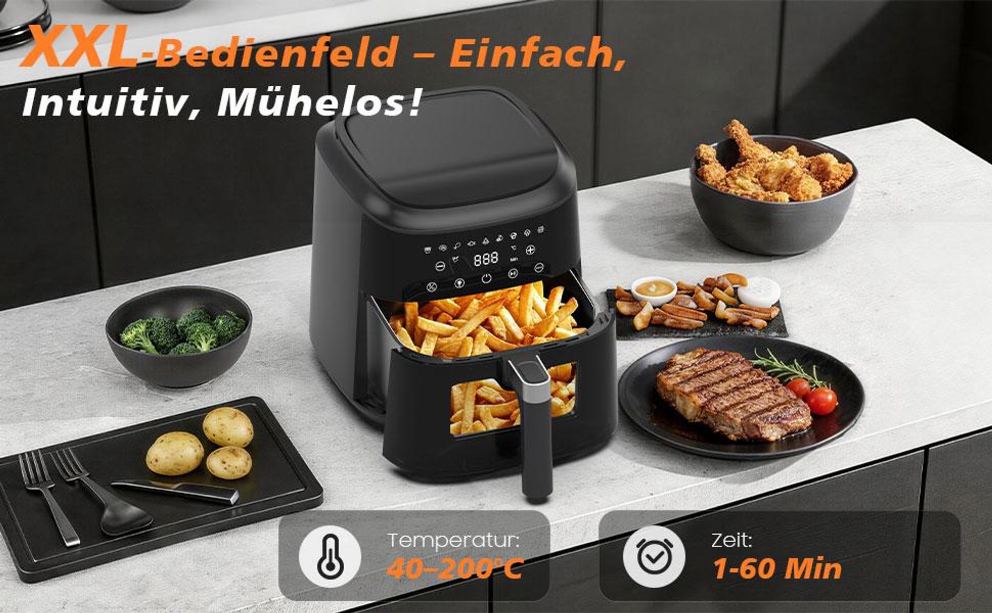 Airfryer, 6l Heißluftfritteuse, 9 Programme, 40–240 °C, Warmhalte-Funktion, Sichtfenster, Antihaftbeschichtung, 1650 W, Schwarz