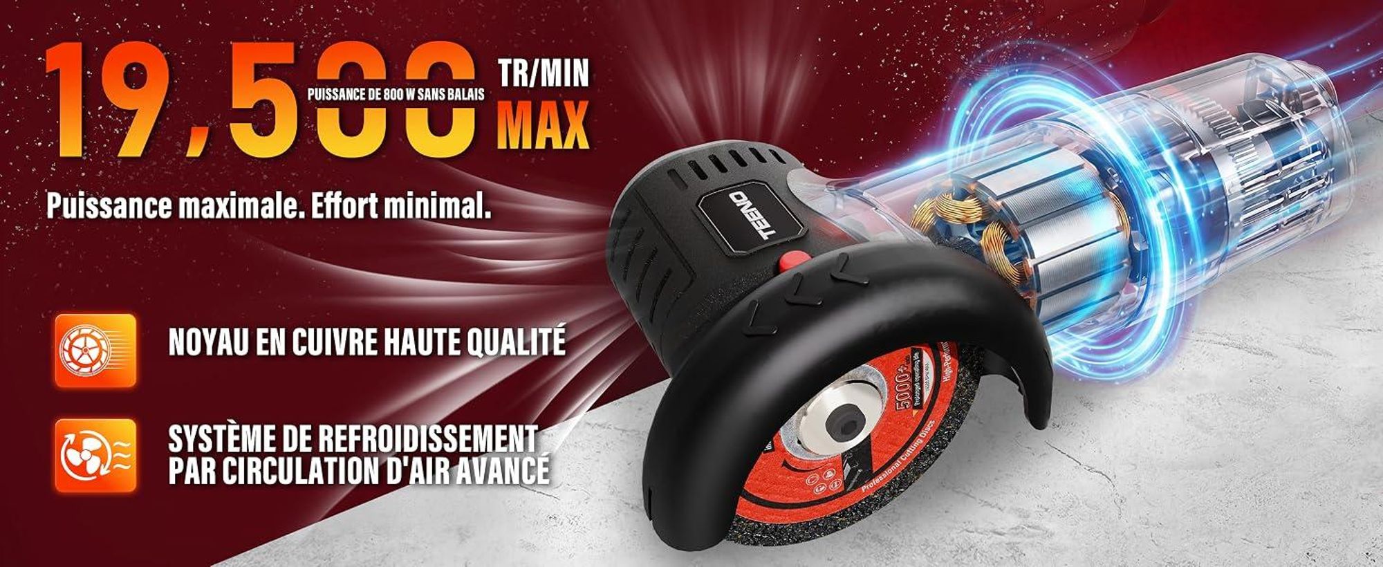 TEENO Meuleuse d'Angle Sans Fil Brushless 16,8V 76mm 19500 tr/min Moteur 800W, Écran LED, 2 Batteries 2000mAh, 6 Disques & Coffret. Couper, Poncer.