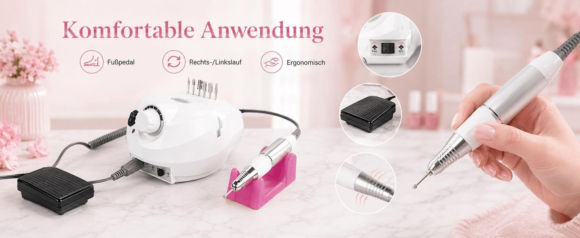 Speed Nagelfräser Set, Elektrische Nagelfeilen Set 35000 U/Min, Maniküre-Set mit Fußpedal & Keramik-Bit, Persönliche DIY-Maniküre, Nagelfräser, Weiß