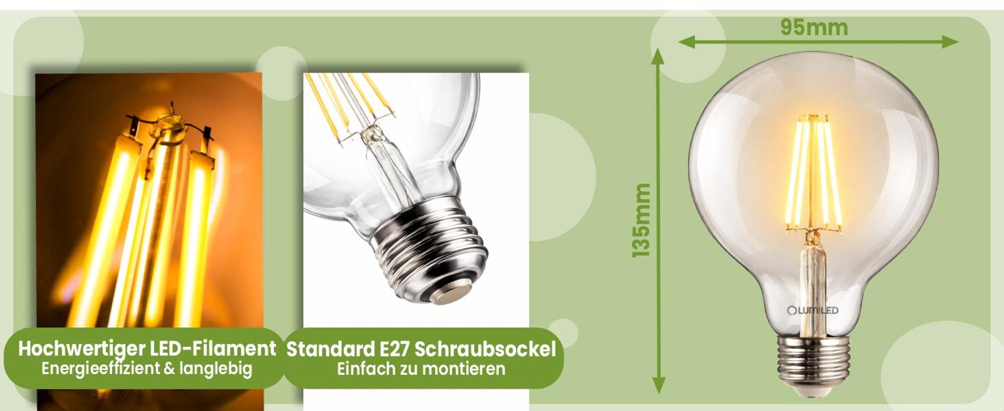 LUMILED 3x E27 LED Lampen G95 Vintage 8W Ersetzt 75W Glühlampe 880lm Leuchtmittel 3000K Warmweiß Glühbirne Retro Filament Glas Kugel Deko Birnen