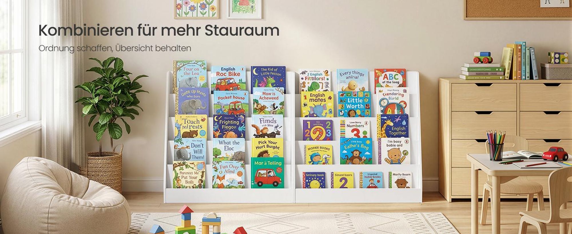 SONGMICS Kinder Bücherregal mit 5 Ebenen, Montessori Regal für Bilderbücher, Leseecke Kinderzimmer, 30 x 80 x 80 cm, weiß