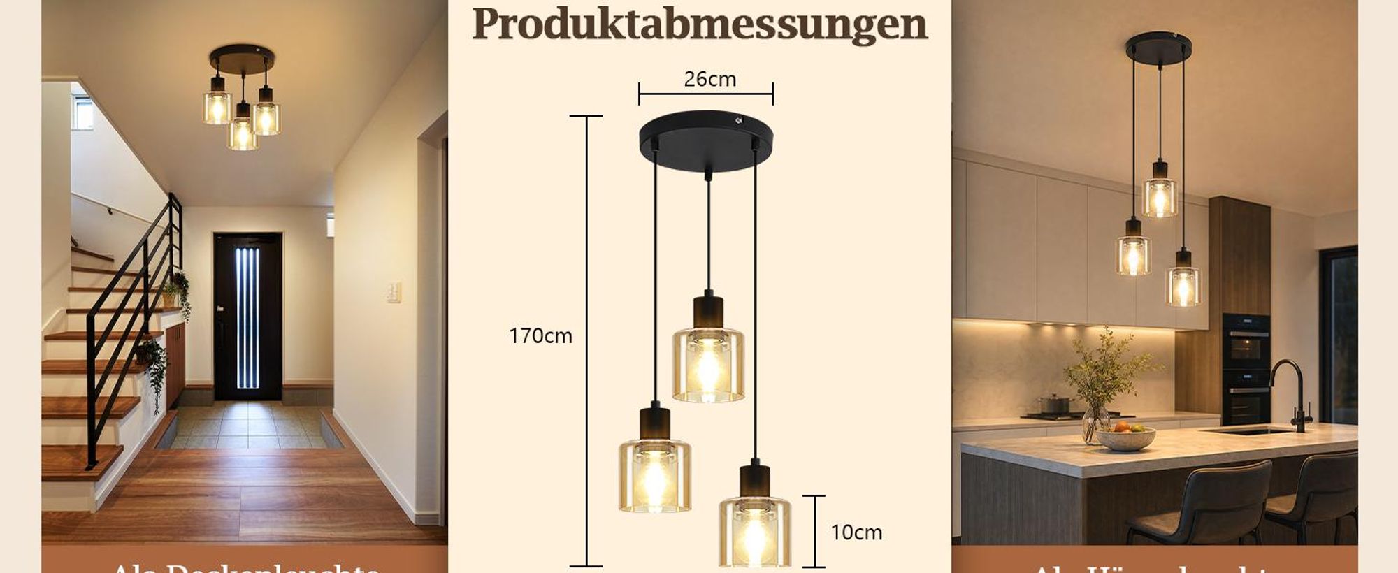 Lampada a sospensione ZMH, vetro, 3 luci, rotonda, attacco E27, stile retrò, nera. Lampada a sospensione per sala da pranzo, stile industriale, ideale per tavoli da pranzo