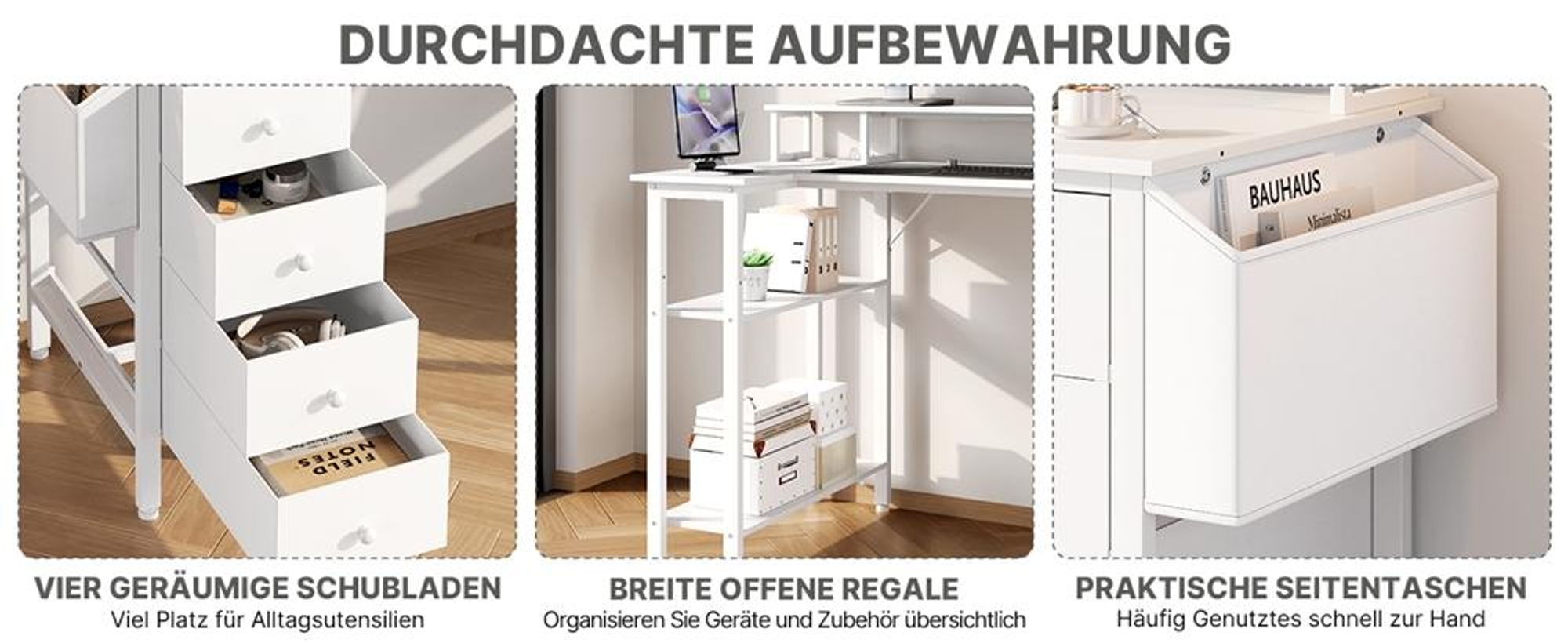 Yaheetech L-förmiger Computertisch, Schreibtisch mit Ladestation, umkehrbarer Gaming-Tisch, mit Monitorhalterung & Aufbewahrungstasche, Weiß
