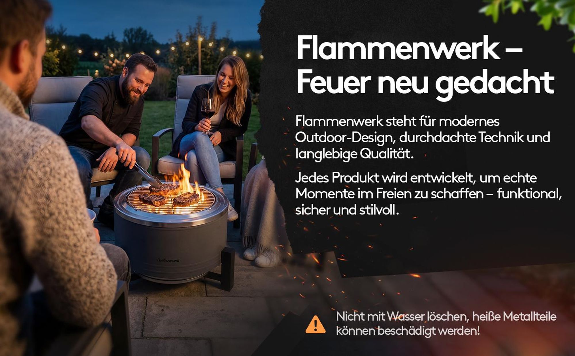 Flammenwerk 15 Zoll Smokeless Fire Pit Feuerstelle mit Sekundärverbrennung, Outdoor Feuerschale Ø 38,4 cm mit Grillrost, Standfuß und Schürhaken, raucharme Garten Feuerstelle aus Stahl für Terrasse Camping Garten
