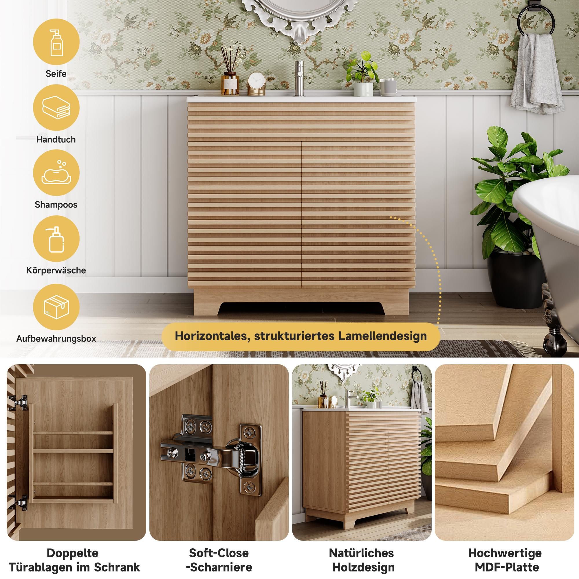 Merax freistehender Waschtischunterschrank, Badezimmerschrank mit Soft-Close-Scharnieren, 3D-Horizontalstreben, Keramik-Waschbecken, Natur