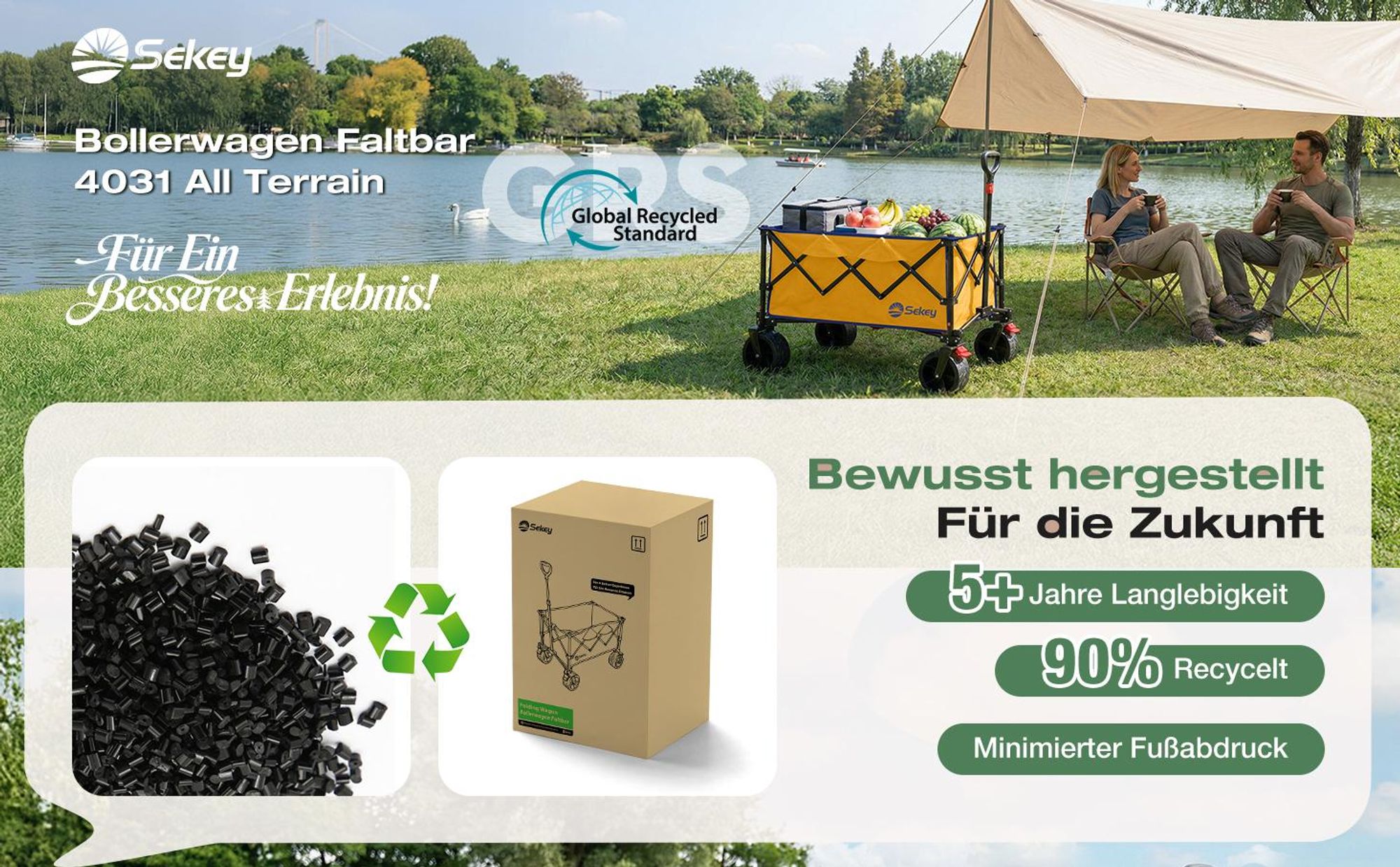 Sekey Faltbar Bollerwagen Klappbar Handwagen Gartenwagen 150kg Tragekraft Transportwagen, Gelb