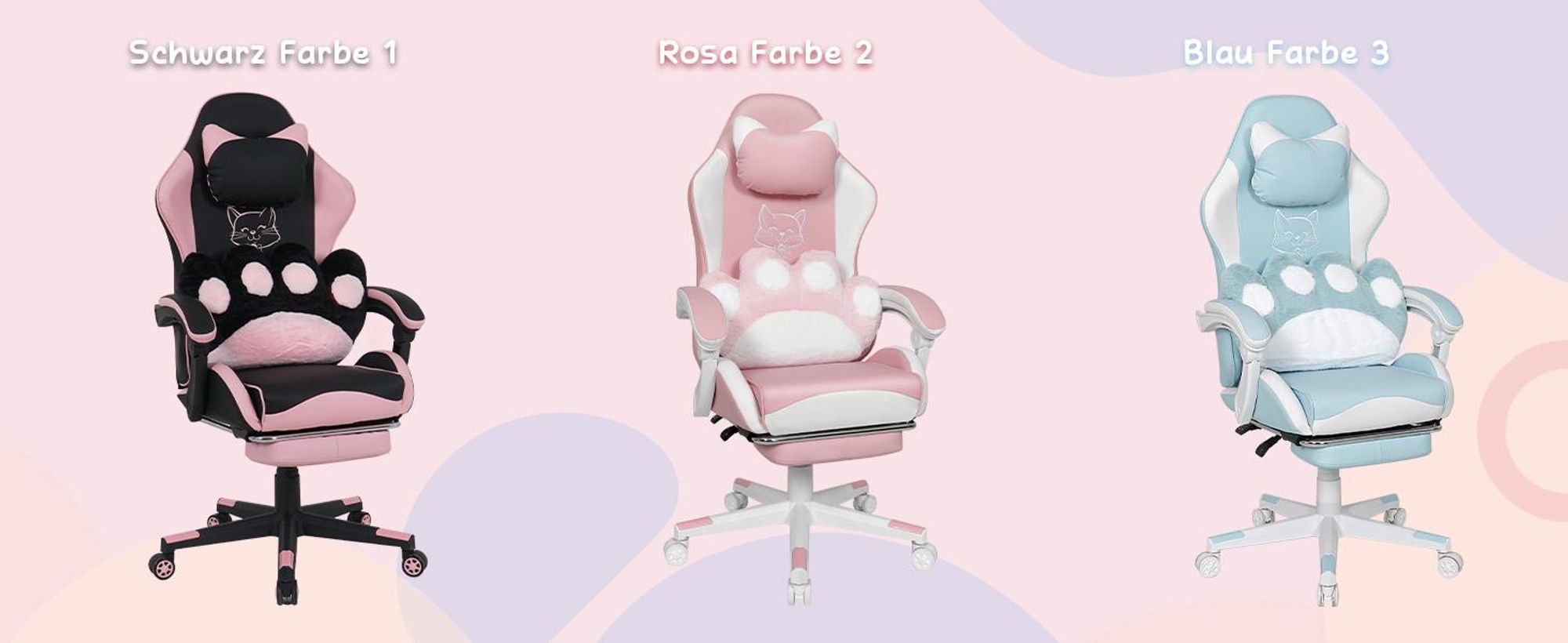 Puluomis Gaming Stuhl mit Fußstütze, Bürostuhl Chefsessel Schreibtischstuhl Racing Stuhl ergonomisch drehbar höhenverstellbar Katze Schwarz Pink