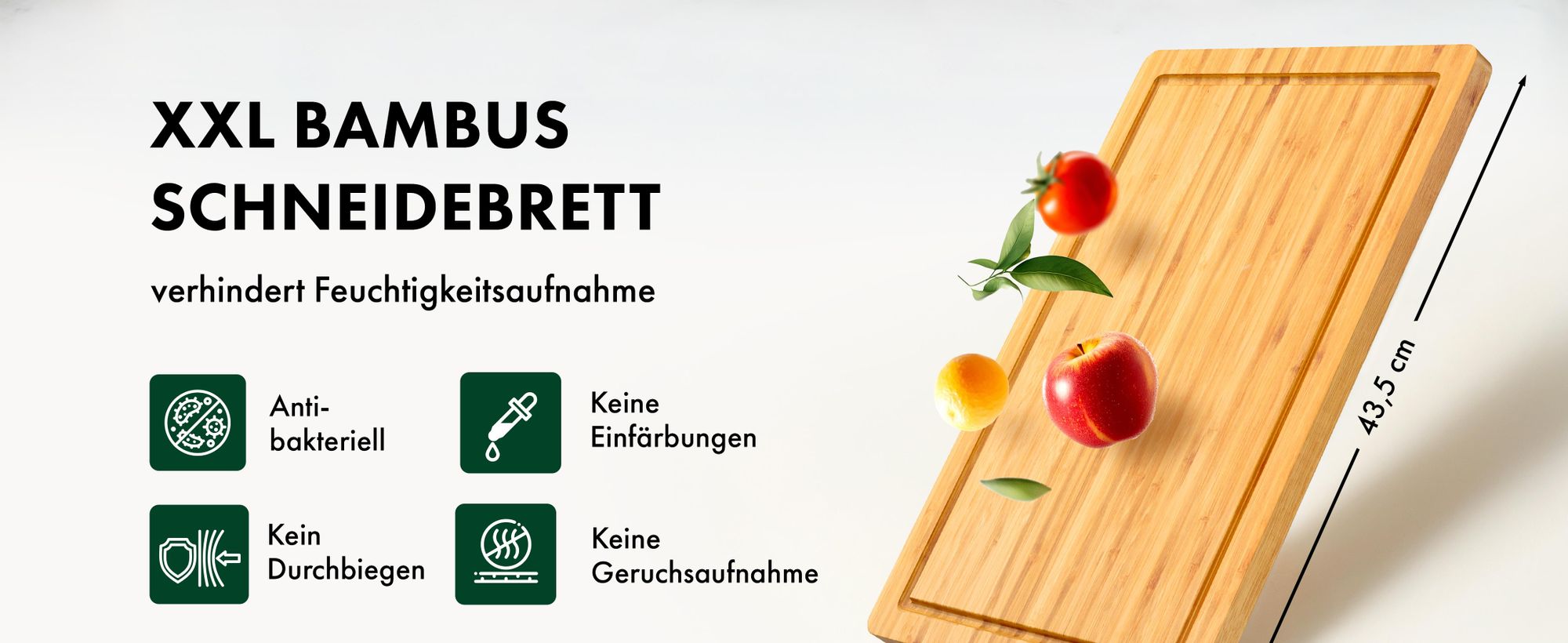 Blumtal Schneidebrett aus 100% Bambus - antiseptisches, 2cm dickes, massives Holz-Brett mit Saftrille, Holz-Brettchen, 45x30x2cm