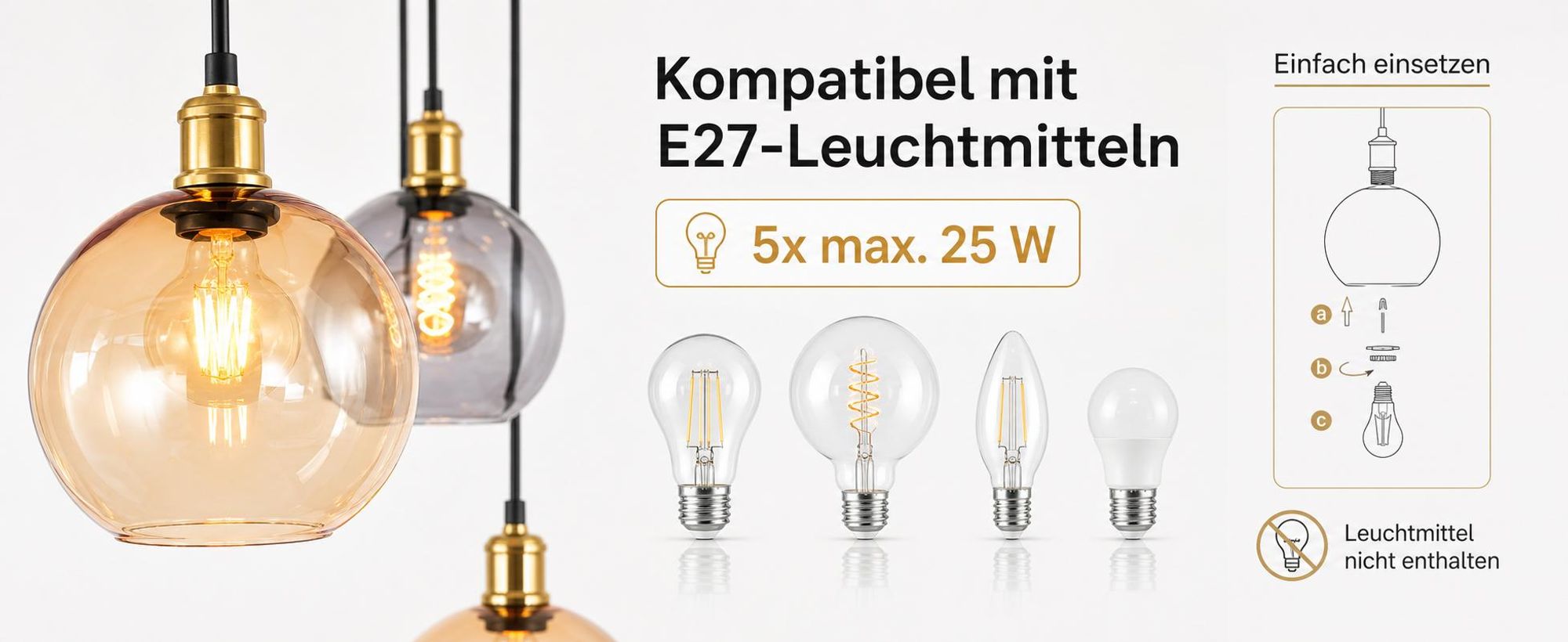 ZMH Hanglamp 5 lichts glas 160cm hoogte verstelbare pendellamp voor trappenhuis villa woonkamer eetkamer slaapkamer gang hoge plafonds