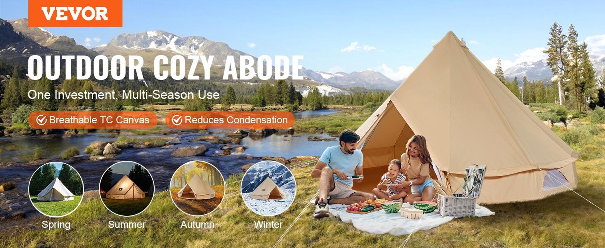 VEVOR Canvas Zelt, 4 Jahreszeiten 5 m/16,4 ft Glockenzelt, Canvas Zelt für Camping mit Ofenanschluss, atmungsaktives Jurtenzelt für bis zu 8 Personen, Familiencamping Outdoor Jagd Party, 6 Personen-4 m