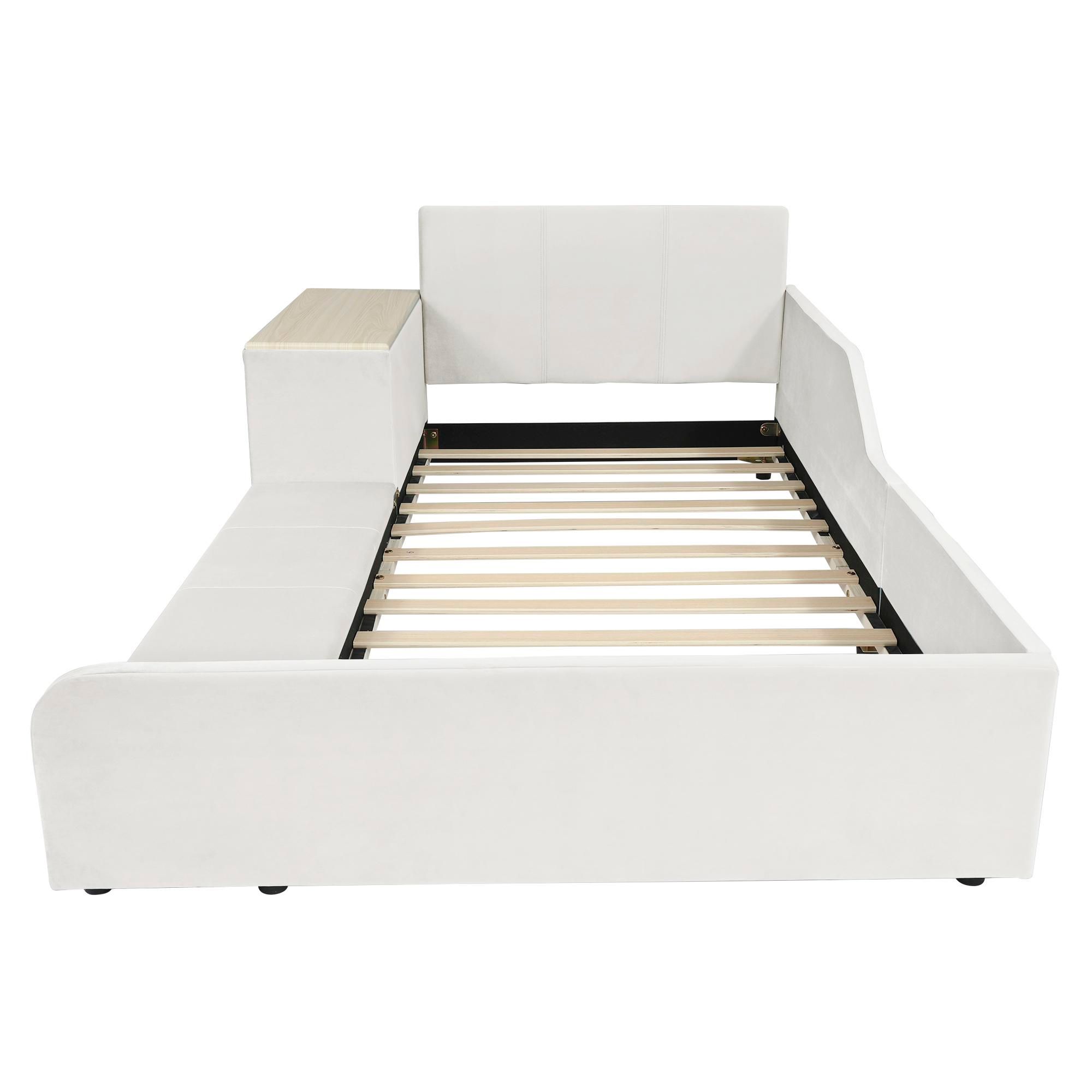 Flieks Polsterbett Kinderbett 90x200cm mit Schreibtisch und Hocker, Bodenbett Einzelbett mit Rausfallschutz, Holzbett mit Lattenrost, Samt, Weiß