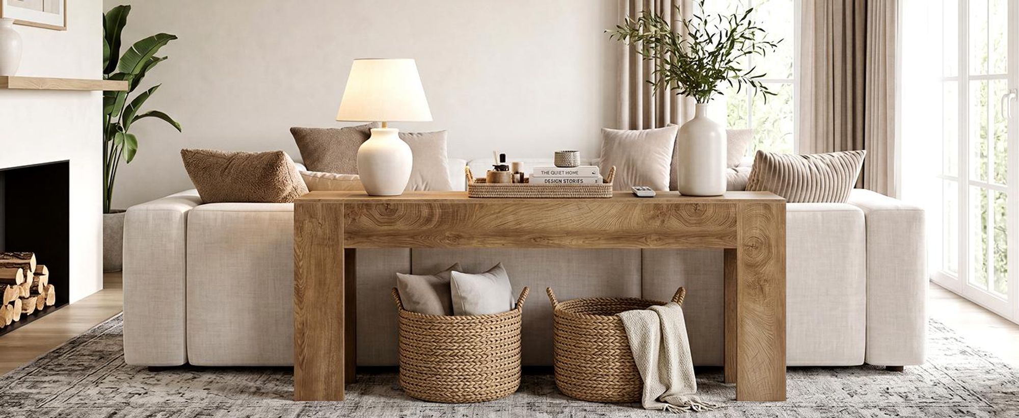 200 cm extra langer Konsolentisch, Sofatisch im Landhausstil hinter dem Sofa, großer Flurtisch für Wohnzimmer und Eingangsbereich, Eiche