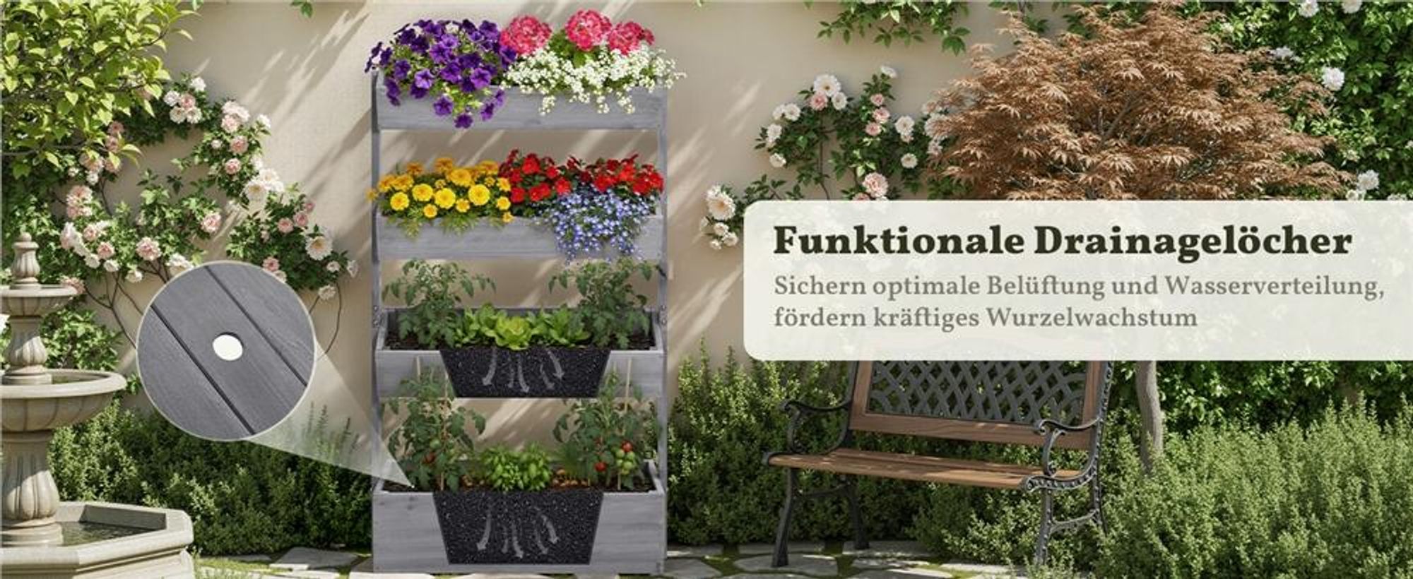 Yaheetech Vertikaler Hochbeet, 4-stufig, 45° neigbar, Pflanzbeet aus Tannenholz, wetterfest, Frühbeet Gartenbeet, Grau
