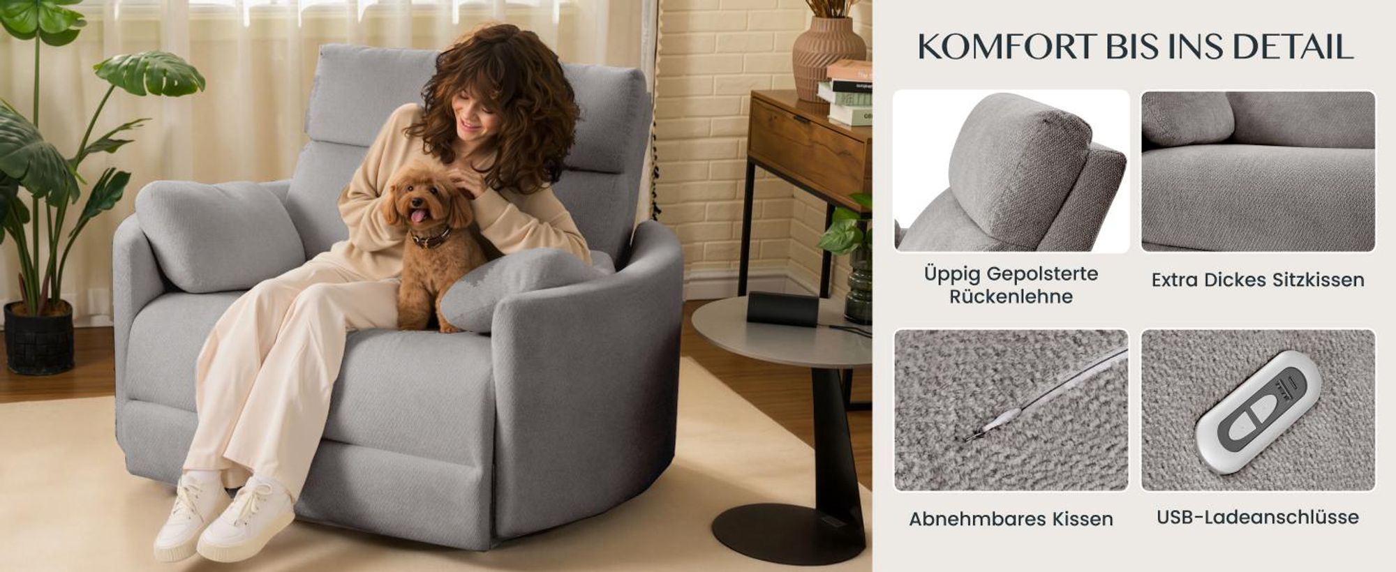 FLEXISPOT Mochi Pro Zero-Wall XXL Elektrischer Relaxsessel, 1,5-Sitzer mit 138 cm Sitzbreite, Fernsehsessel für Große&Schwere, Klemmschutz&USB-C, Grau