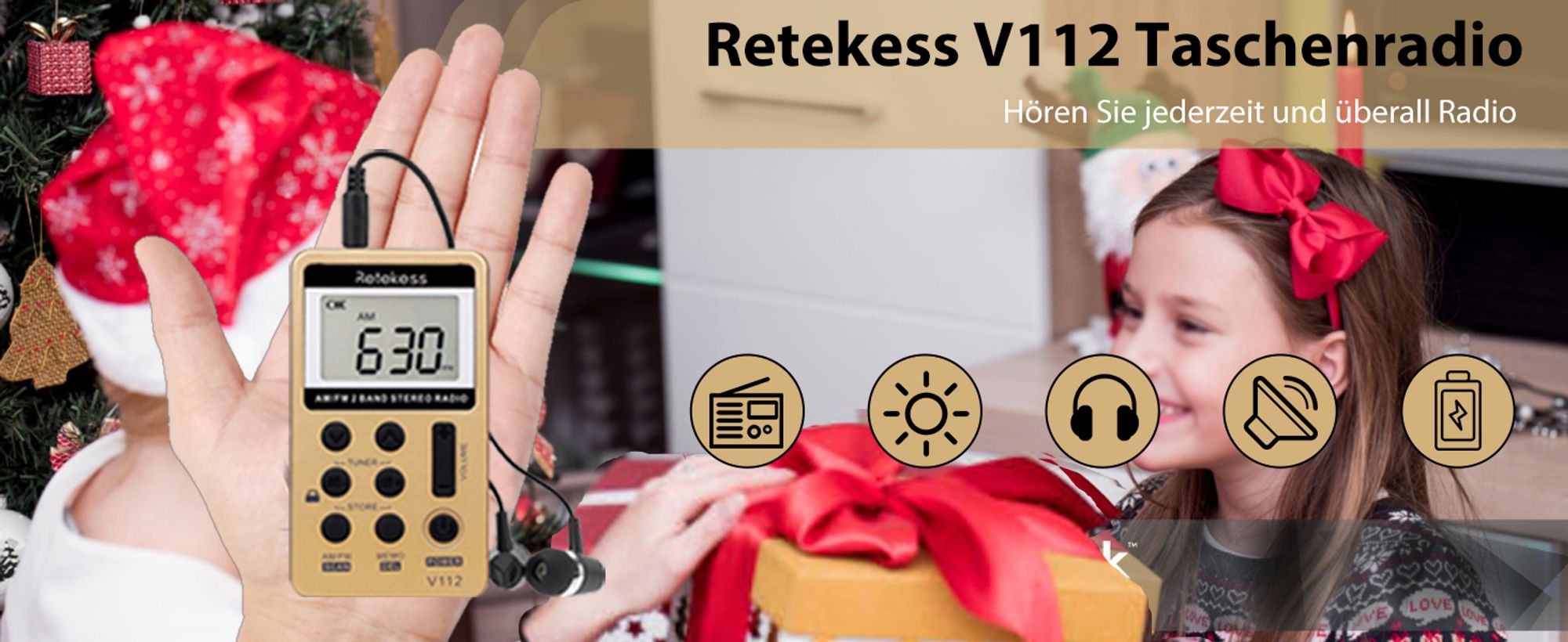 Retekess V112 Tragbares Radio, AM FM mini Radio, Speicherstationen, Wiederaufladbarer Akku, Taschenradio mit Kopfhörern(Golden)